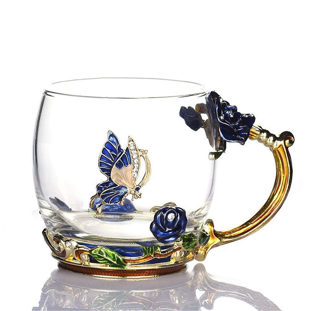 Elegant Bone China Cup & Saucer Set - Vintage Blue Rose & Butterfly Design - 320ml Glass Tea Cup with Handle for Hot & Iced Beverages - Perfect for Afternoon Tea, Coffee Break, and Gift Giving