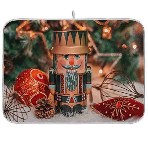 Christmas Nutcracker Soldier Dish Drying Mat 16x18 Inches - Absorbent Kitchen Counter Decor, Heat-Resistant Tableware & Baby Bottle Drainer - Perfect for Holiday Decor, Winter Kitchen Accessories, and Dish Drying