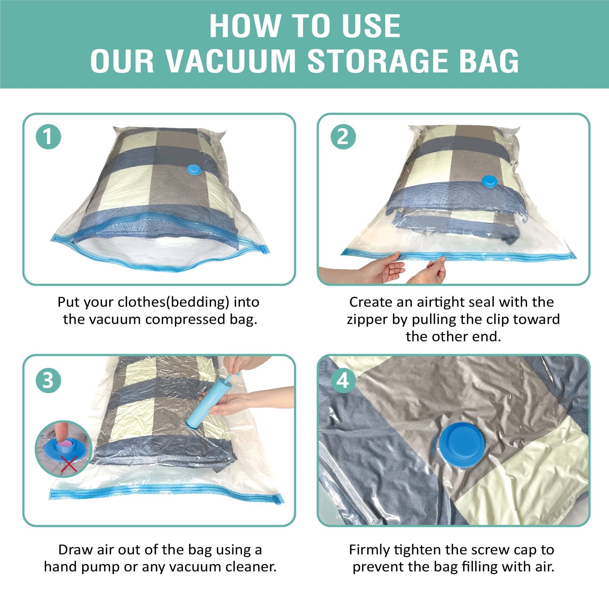 6 Pack Vacuum Storage Bags with Hand Pump - Space Saving Compression Bags (2 Jumbo/2 Large/2 Medium) for Comforters, Blankets & Clothes Storage | Ideal for Travel, Seasonal Organizing & Home Decluttering