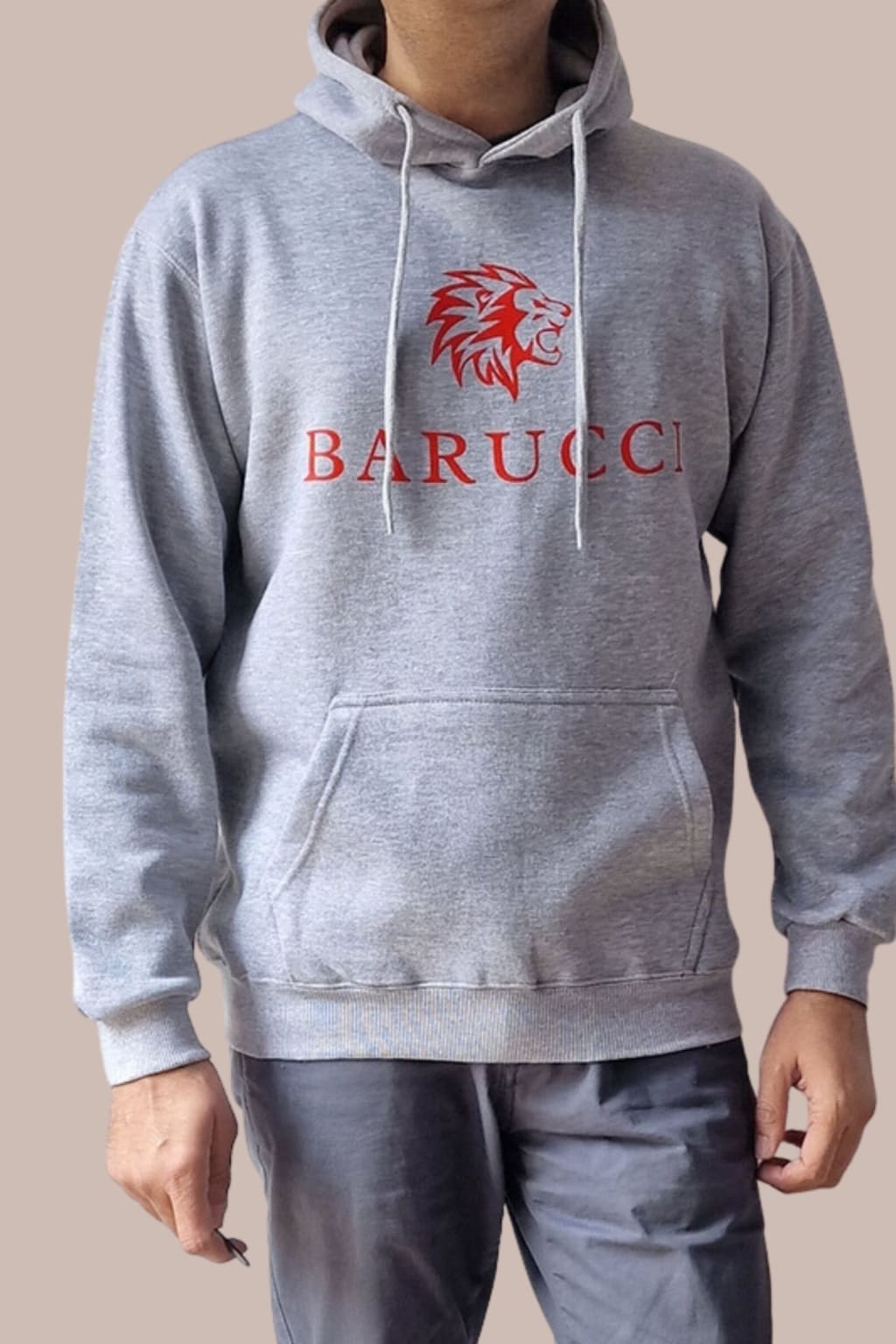 Barucci Joe Heather Grey Cotton Blend Hoodie with Red Logo - Men's Casual Pullover Sweatshirt for Everyday Wear & Street Style