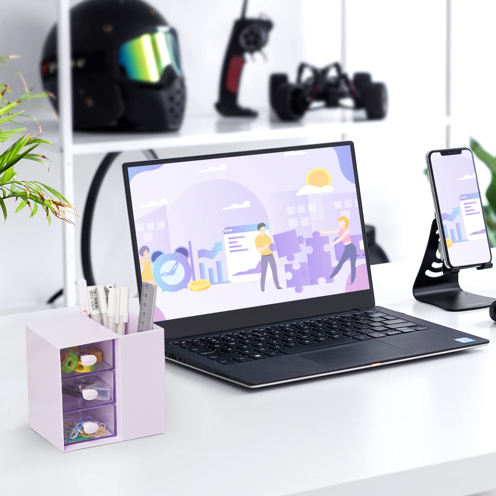 LETURE Small Desk Organizer with Drawer - Plastic Office & School Storage Box for Pens, Pencils, Markers, Cards & Stationery - Makeup Cosmetic Organizer (Purple) - Perfect for Home Office, Study Desk & Vanity Table Organization