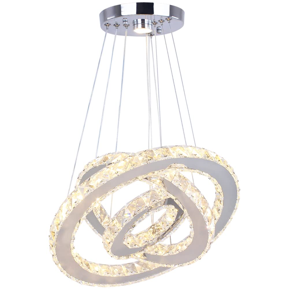 Winretro 3 Ring Modern Crystal LED Chandelier - Round Chrome Pendant Ceiling Light Fixture for Living Room, Dining Room, Bedroom & Kitchen | Elegant Lighting for Home Decor, Wedding & Restaurant Ambiance
