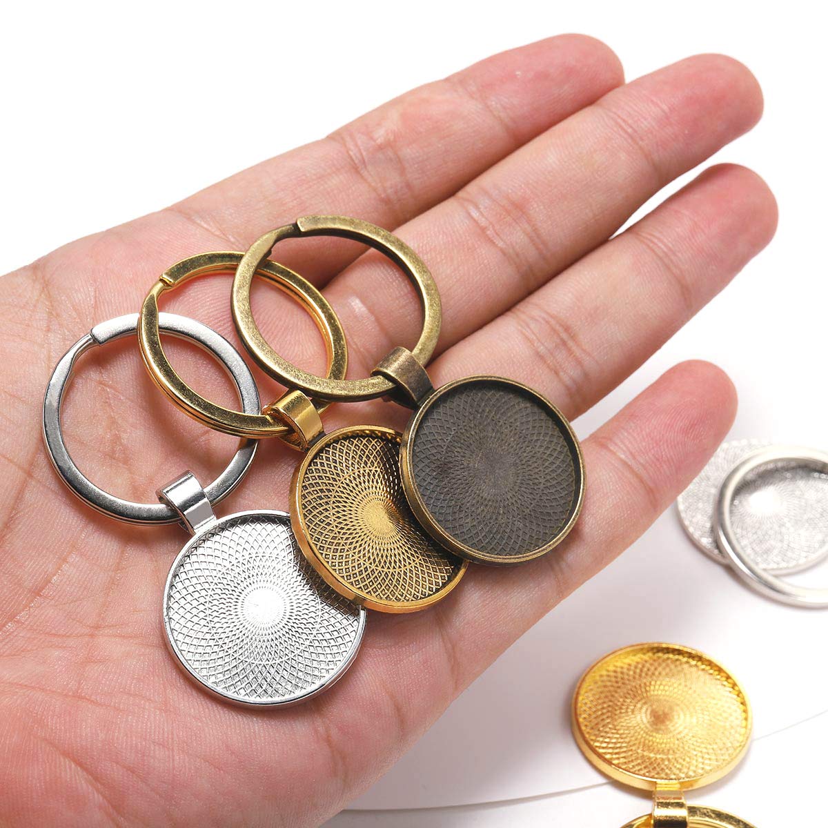 5-Piece DIY Keychain with 25mm Pendant Bezel Blank - Rhodium Plated Base Setting for Cameo Glass Cabochon - Jewelry Making Supplies & Key Ring Accessories (Perfect for Handmade Gifts, Craft Projects & Personal Accessories)