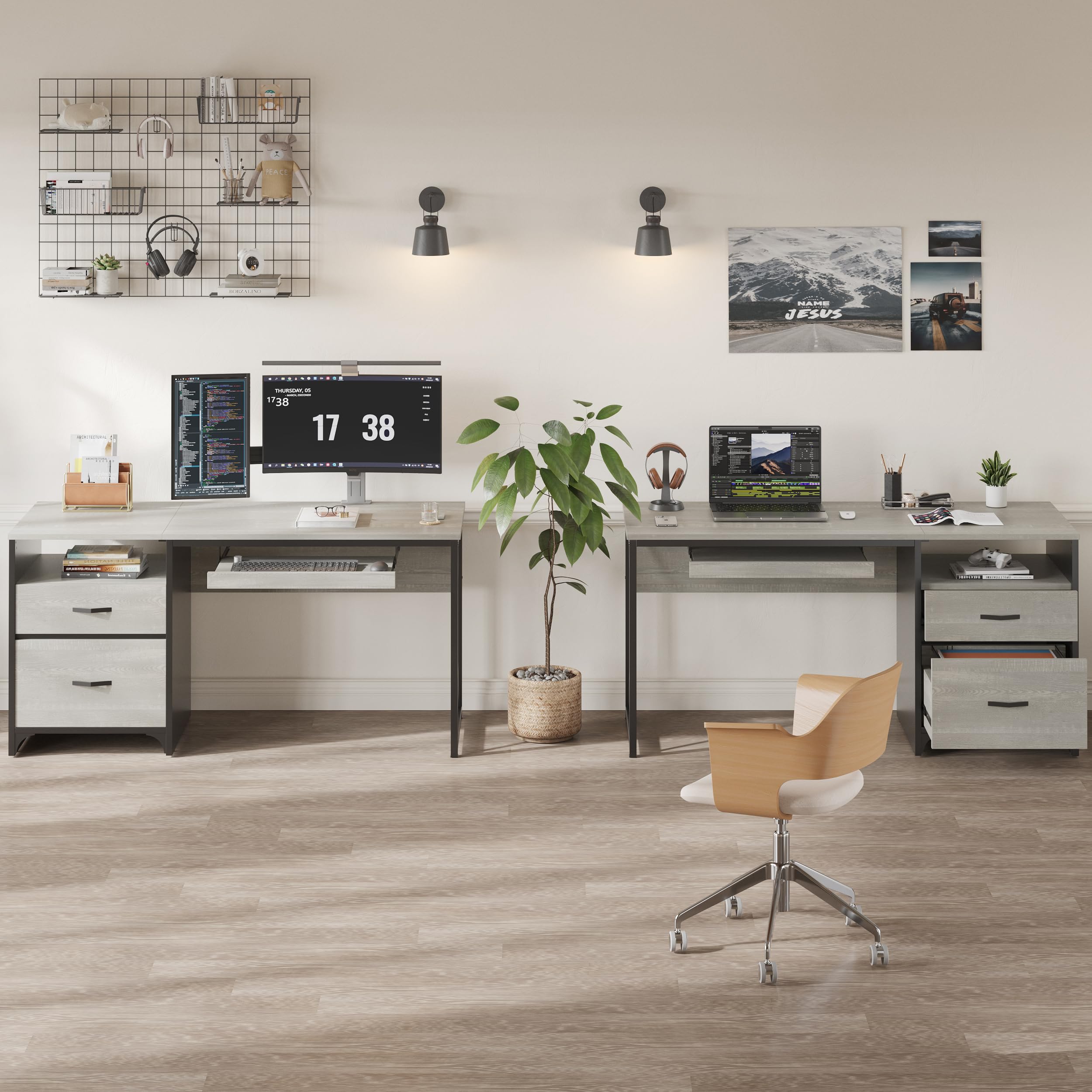 Bestier 55 Inch Industrial Office Desk with Drawers & Keyboard Tray - Wooden Computer Desk with Storage Shelf & File Drawer - Home Office Desk for Work, Study & Gaming - Wash White Finish