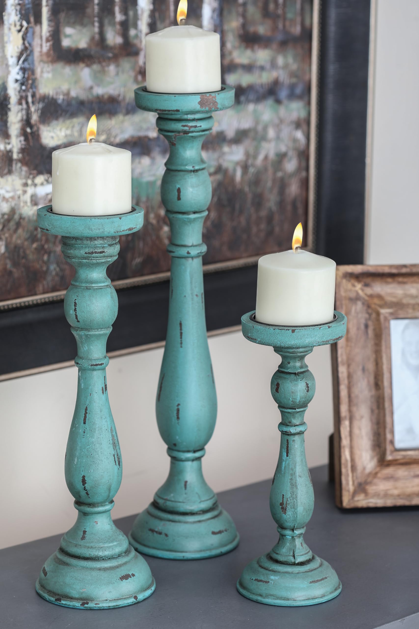 Deco 79 Distressed Wooden Candle Holder Set of 3 - Teal Turned Candlestick Stands 19