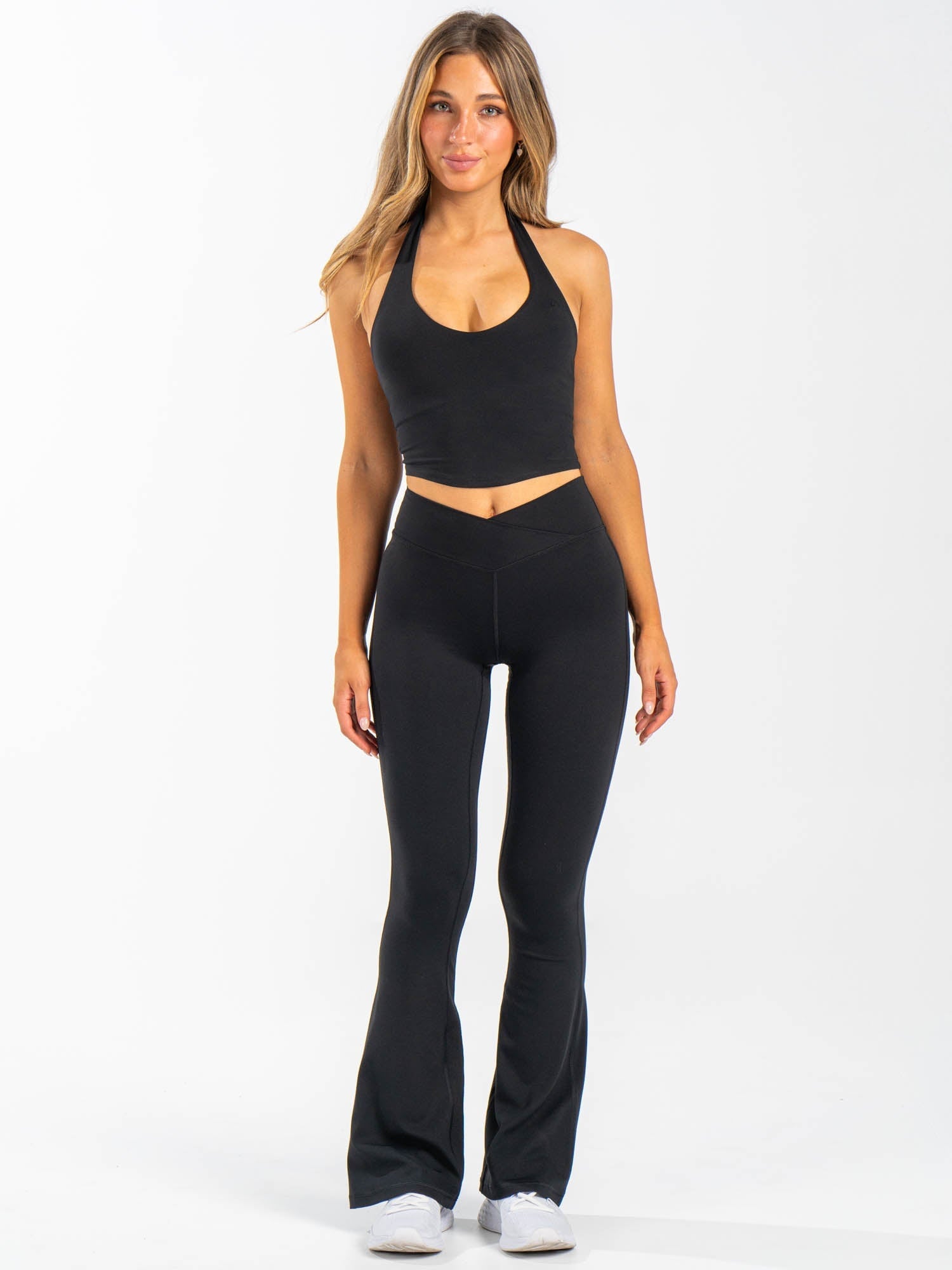 NKD Cross Waist Flared Leggings for Women - High Waisted Yoga Pants with Tummy Control - Black Workout Leggings for Gym, Running & Lounge Wear