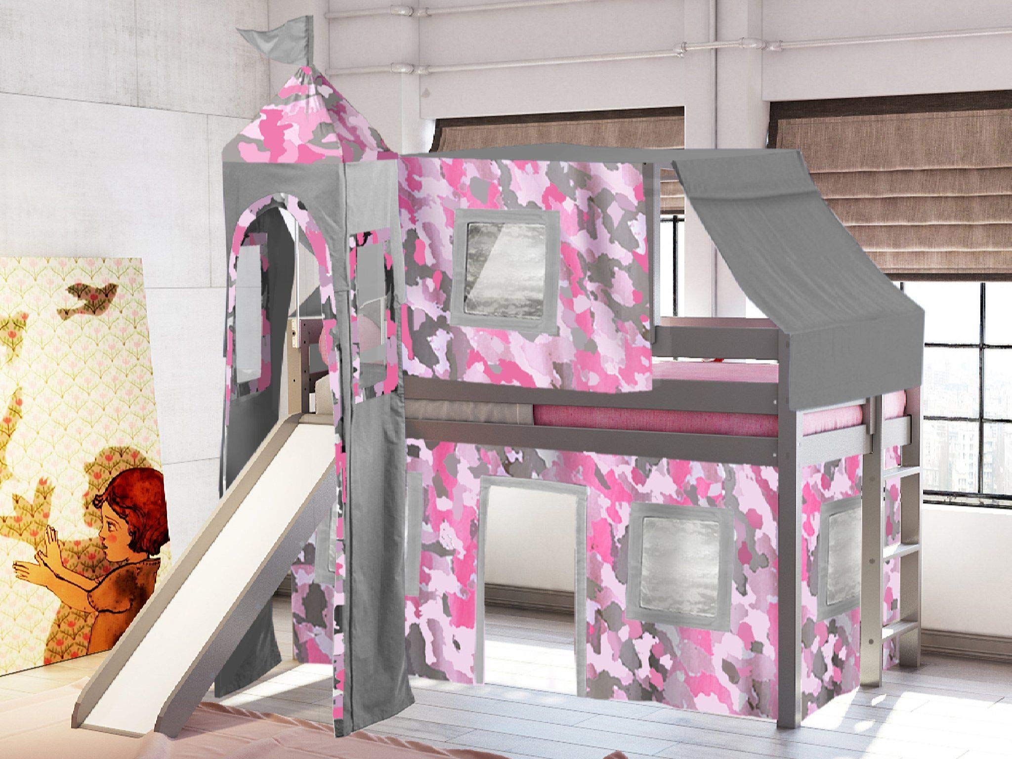 Princess Low Loft Bed with Slide - Pink Camo Tent & Tower Twin Size Gray - Perfect for Kids' Bedroom & Playroom Fun