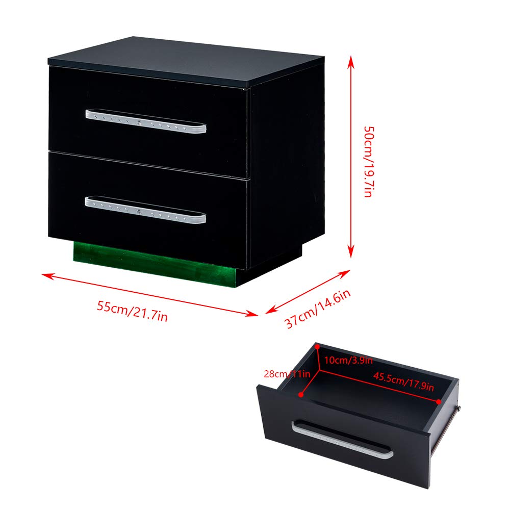 Black Glossy Nightstand with 2 Drawers & LED Lights - Bedroom & Living Room Side Table