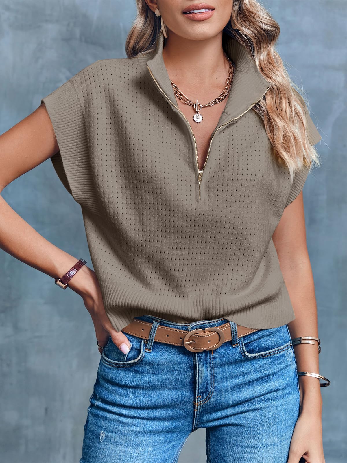 Langwyqu Women's Cropped Knit Top - Half Zip Lightweight Oversized Sweater Vest for Women | Casual Summer Tops for Streetwear, Layering & Everyday Outfits