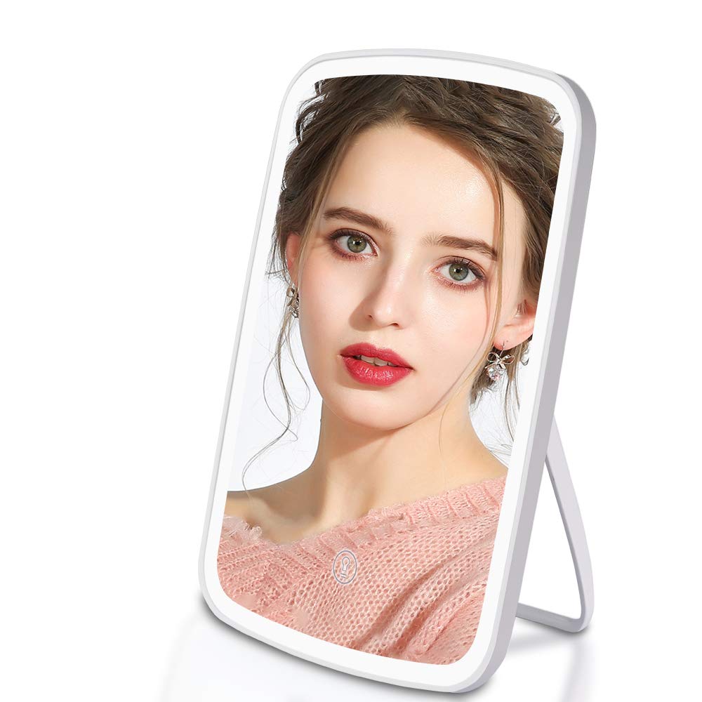 RUEOO LED Makeup Mirror with 3 Color Lighting Modes - Dimmable Natural Light Vanity Mirror, USB Rechargeable Touch Screen Portable Cosmetic Mirror for Home & Travel (White) - Perfect for Makeup Application, Skincare Routine and Travel Vanity Essentials