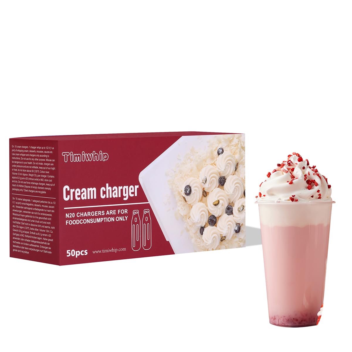 Premium 8g Nitrous Oxide (N2O) Whipped Cream Chargers - 50 Pack | Food Grade Whippets for Professional Desserts, Coffee Toppings & Home Baking