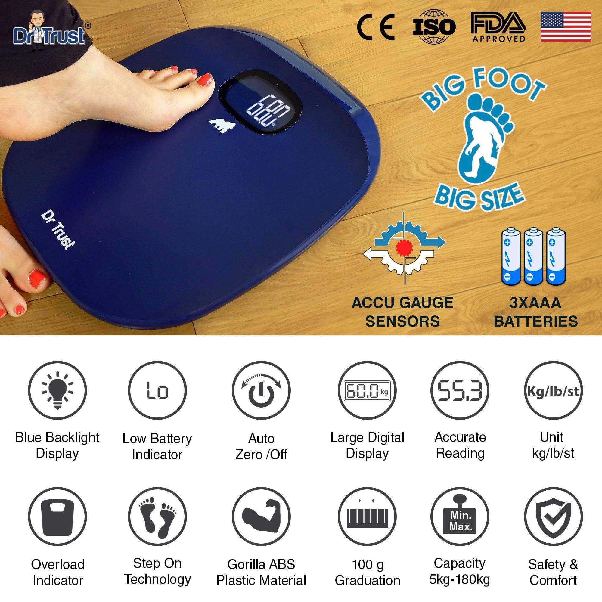 Dr Trust USA ABS Absolute Personal Scale - Digital Bathroom Scale with High Precision, Blue - Perfect for Home, Gym & Health Tracking