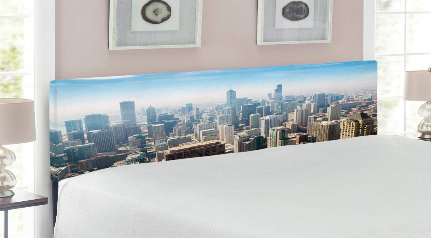 Ambesonne Chicago Cityscape Headboard - King Size Upholstered Metal Bed Headboard with Memory Foam | Aerial View of USA Skyscrapers & Contemporary Architecture | Perfect for Modern Bedrooms, Guest Rooms & Loft Apartments