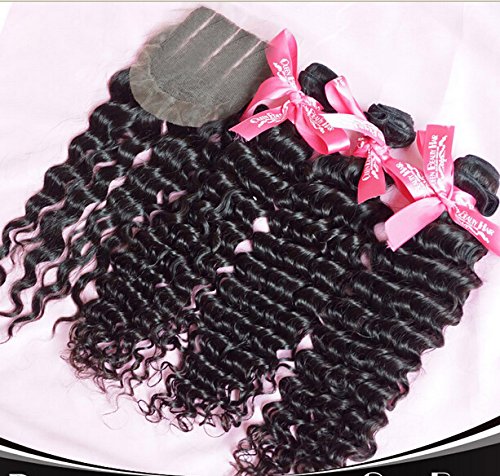 8A Brazilian Virgin Remy Human Hair Bundles with 4x4 Lace Closure - 3 Bundles Deep Wave 12