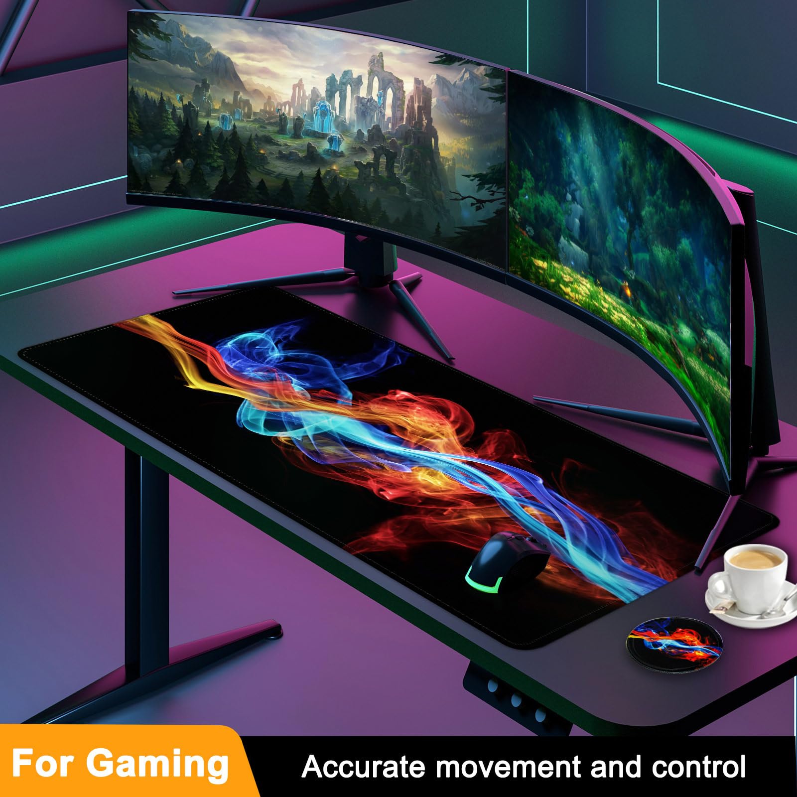 Large Gaming Mouse Pad with Non-Slip Base & Stitched Edges - 31.5'' x 15.6'' XXL Desk Mat for Computer, Keyboard & Laptop - Office & Gaming Accessory with Ice and Fire Design - Perfect for Work, Gaming & Home Office Setup