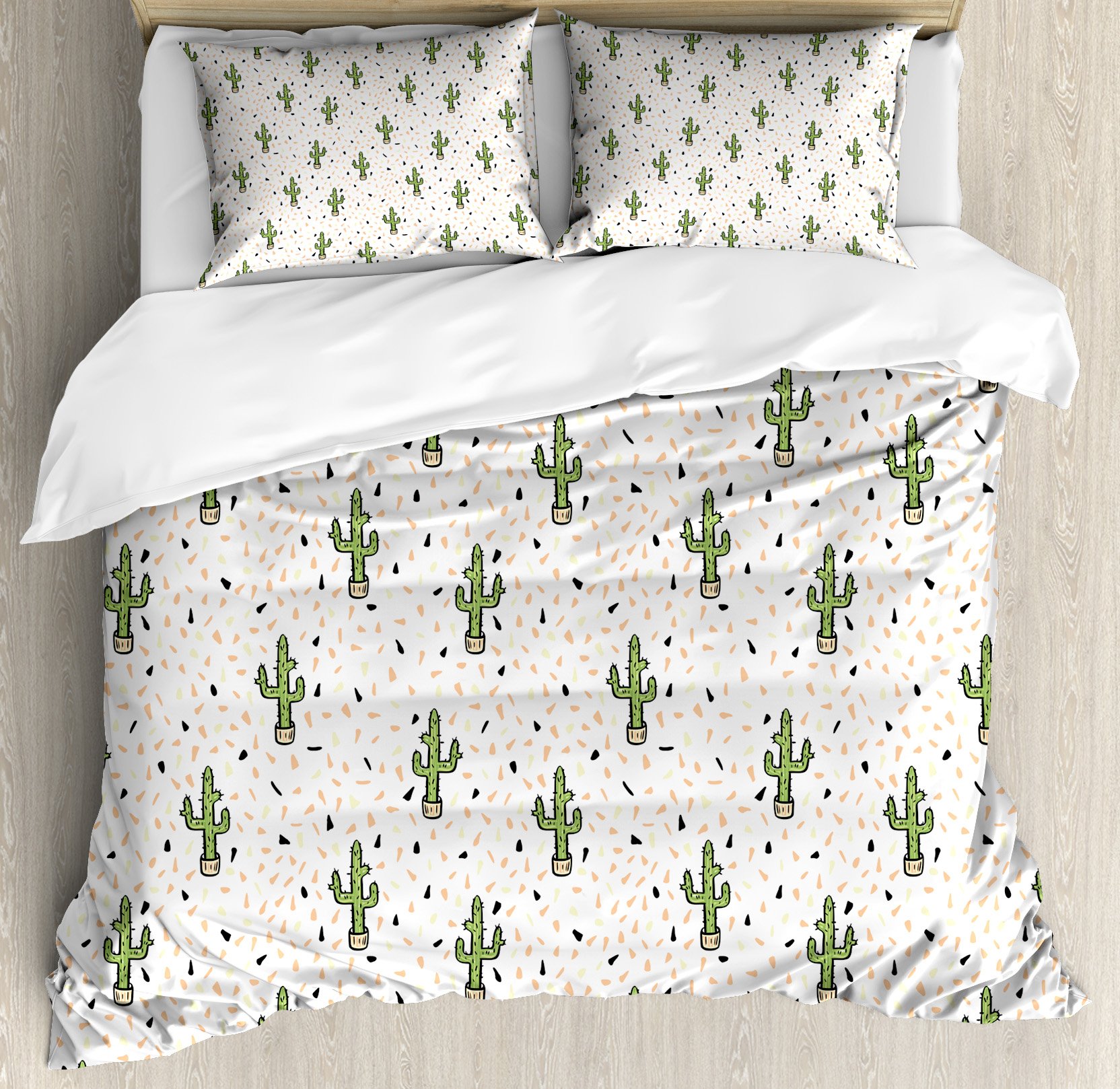 Ambesonne Exotic Duvet Cover Set - King Size 3 Piece Bedding with 2 Pillow Shams | Cartoon Cactus & Tropical Savannah Print in Peach Lime Green | Perfect for Western Desert Themed Bedrooms & Boho Home Decor
