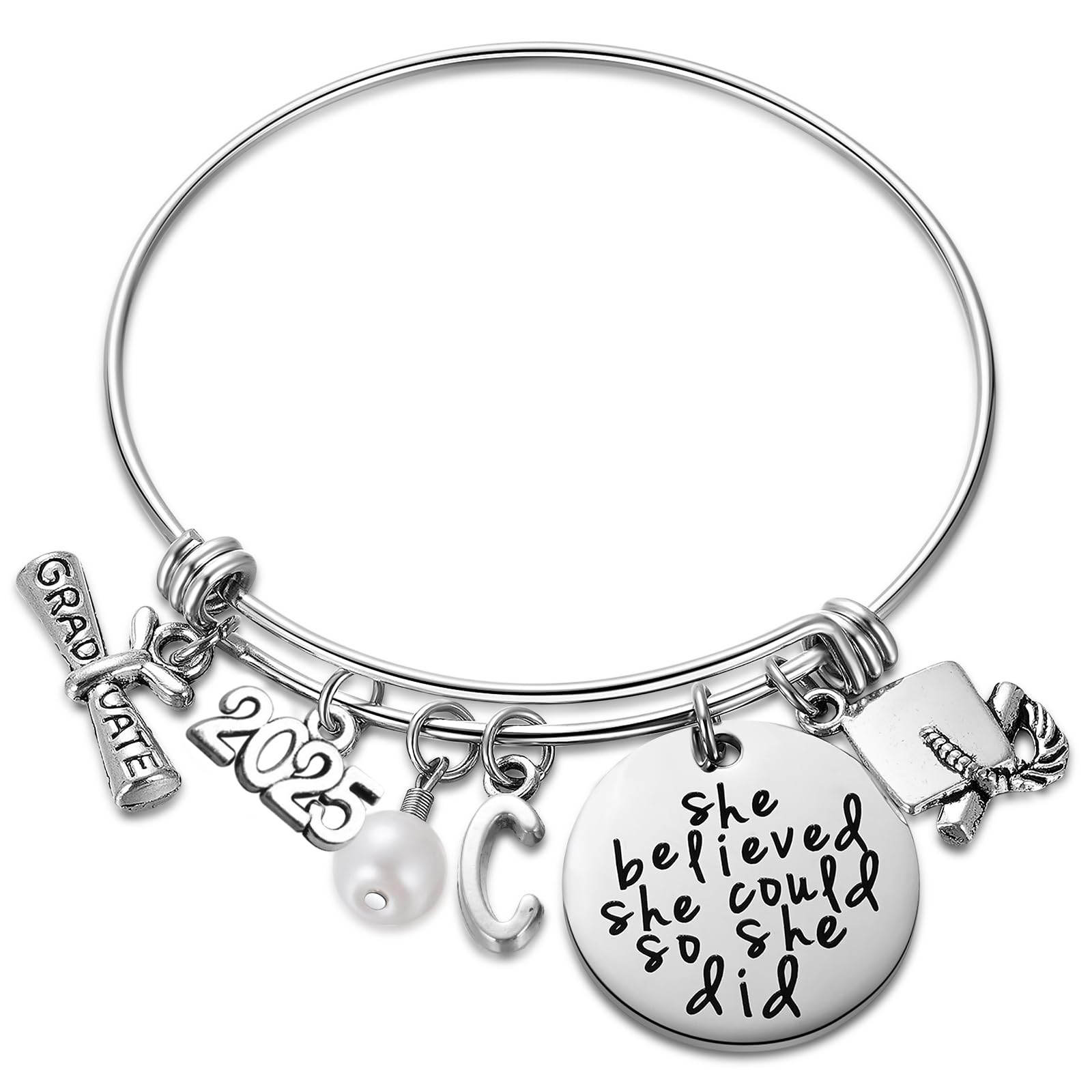 Ukodnus Class of 2025 Graduation Gift Bracelet - Personalized 26 Initial Charm Bracelet for High School & College Seniors - Inspirational Graduation Jewelry for Women - Perfect for Graduation Ceremonies, Parties & Keepsakes
