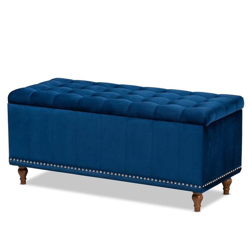 BOWERY HILL Navy Blue Velvet Upholstered Storage Ottoman Bench with Tufted Design - Stylish Footrest, Seat & Hidden Storage for Living Room, Bedroom & Entryway