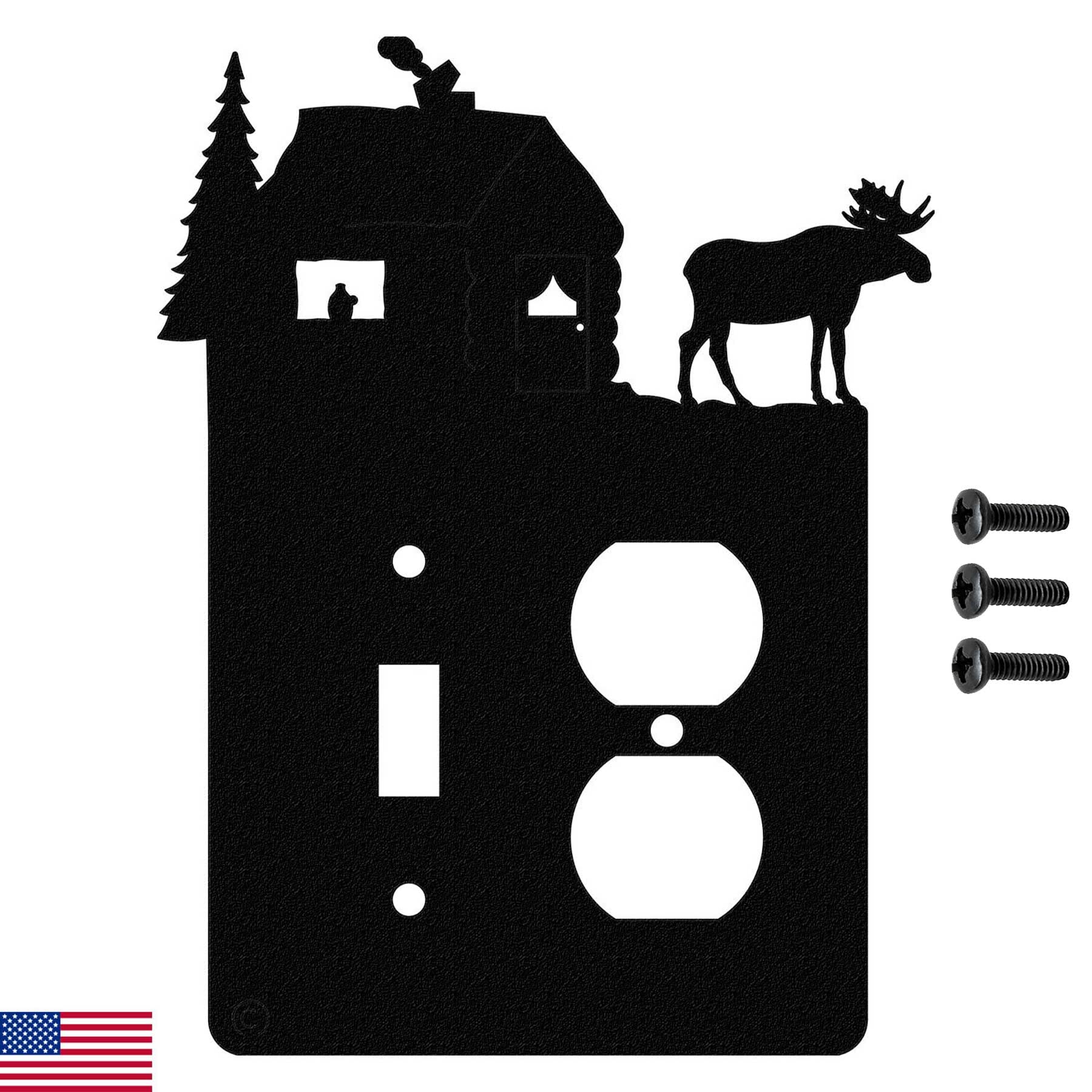 Moose & Cabin Toggle Light Switch & Single Duplex Wall Plate (Single Toggle with Power, Black) - Made in USA | Durable Electrical Switch for Cabin, Home & Office Decor