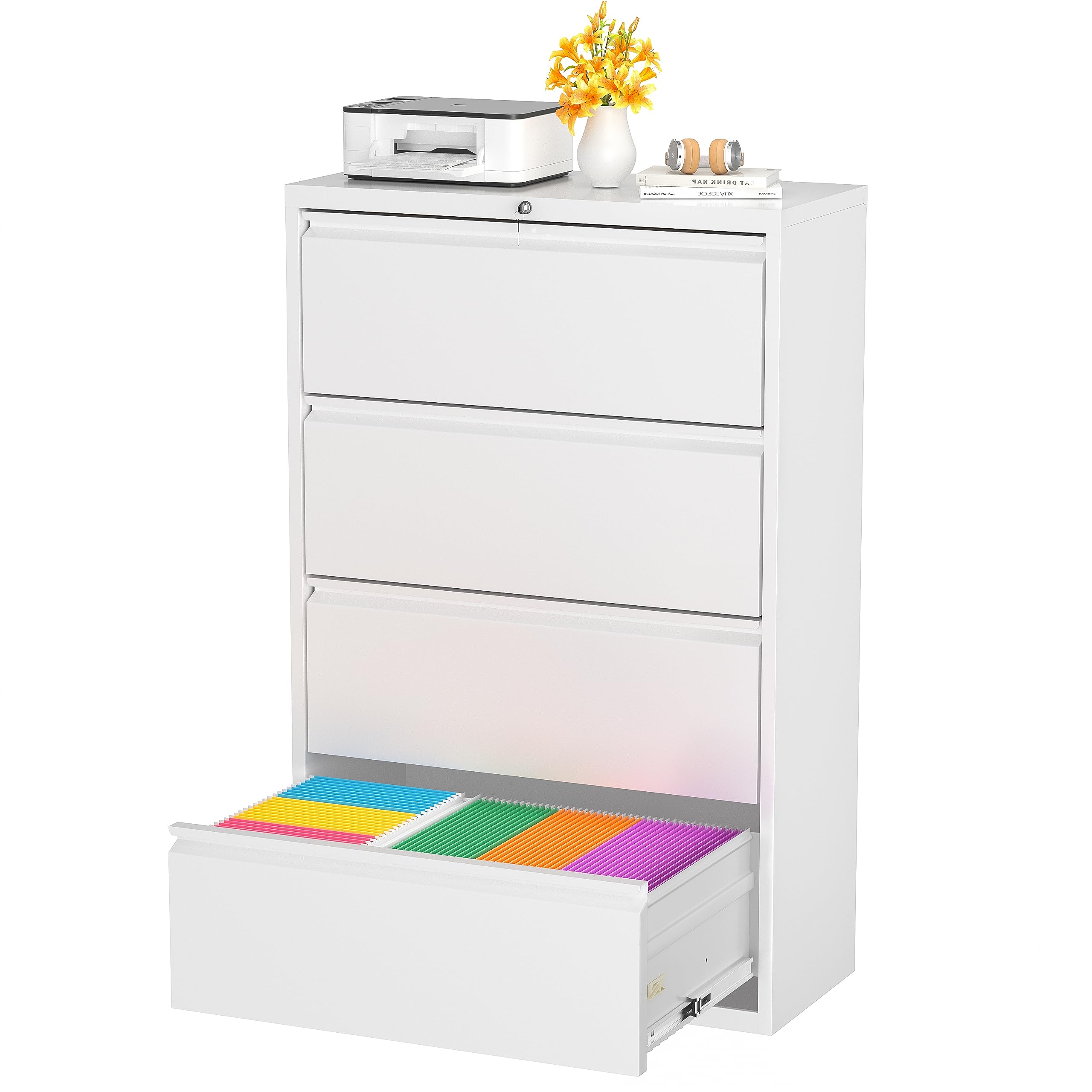 Superday 4-Drawer Lateral File Cabinet with Lock - White Lockable Filing Cabinet for Home Office, Adjustable Hanging Bars for Legal/Letter/A4/F4 - Perfect for Organizing Documents in Small Offices, Home Workspaces & Professional Environments