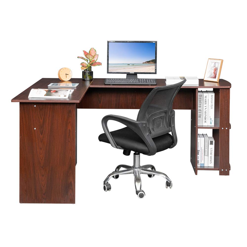 L-Shaped Computer Desk with Two-Tier Bookshelves - Dark Brown Wood Right-Angle Office Desk for Home & Workspace - Perfect for Small Spaces, Gaming Setup & Home Office Organization