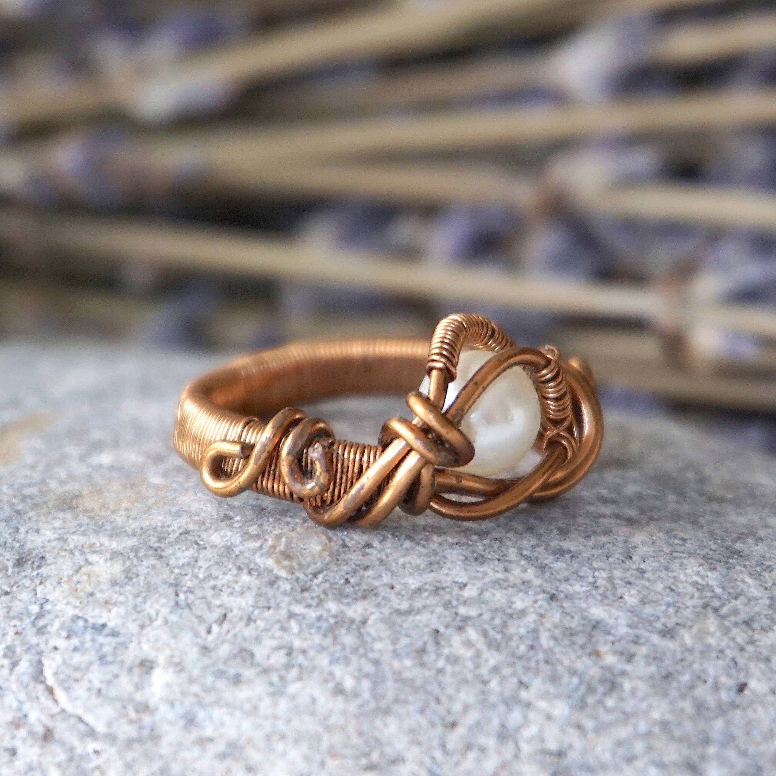 Antique Bronze Wire Wrapped Pearl Ring - Elegant Vintage Jewelry for Women, Bridal, Wedding, and Special Occasions