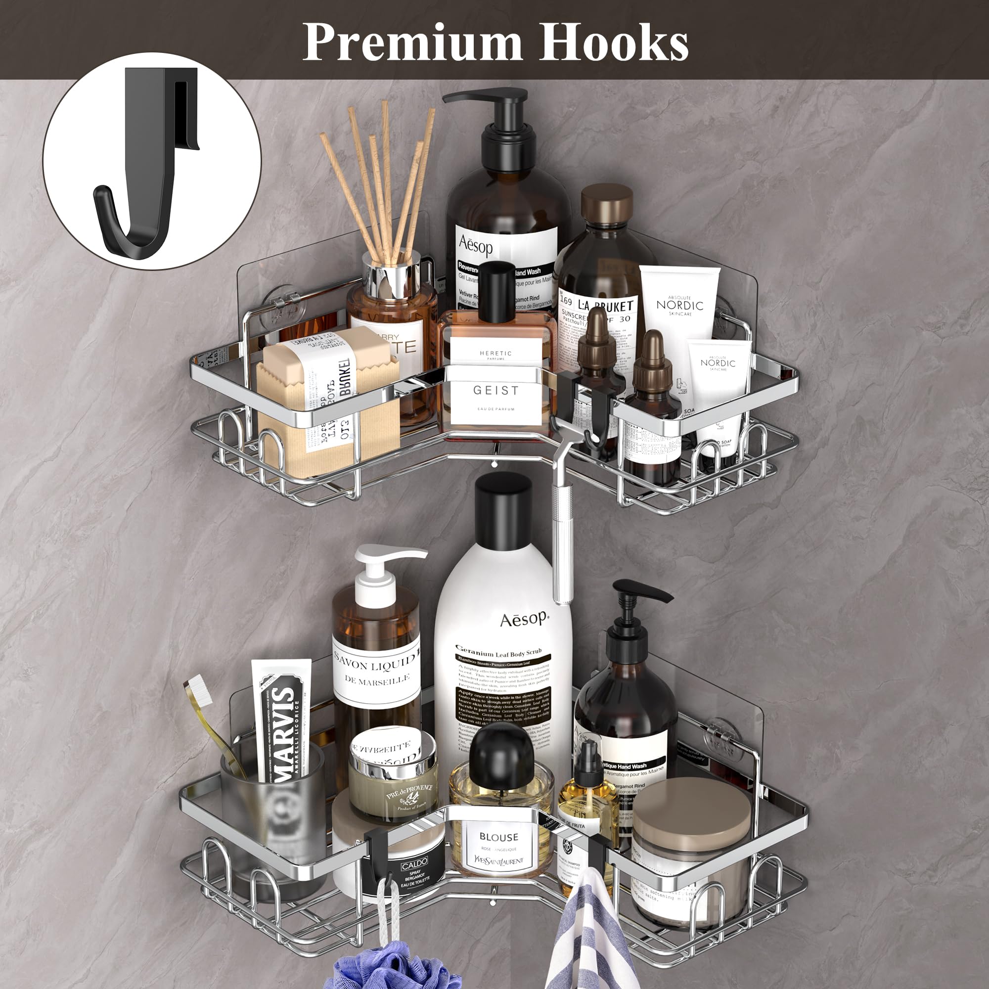 2 Pack Corner Shower Caddy Organizer with Hooks - Rustproof Metal Bathroom Shelf for Shampoo, Soap & Towels - Space Saving Storage Solution for Small Bathrooms & Showers
