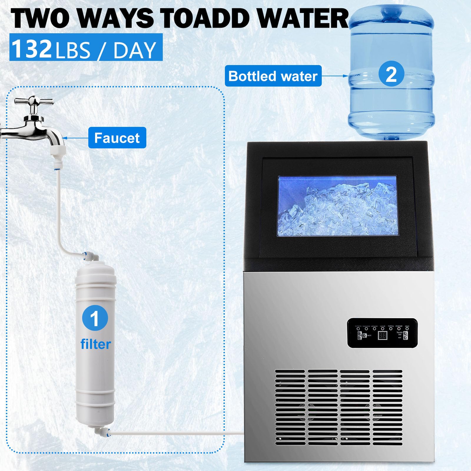 Commercial Ice Maker Machine 132lbs/24H, 33LBS Storage Bin, Stainless Steel Freestanding Ice Machine for Restaurants, Bars & Cafes - Top Loading Under Counter Design with Tap Water System - Perfect for Commercial Kitchens, Catering & Events