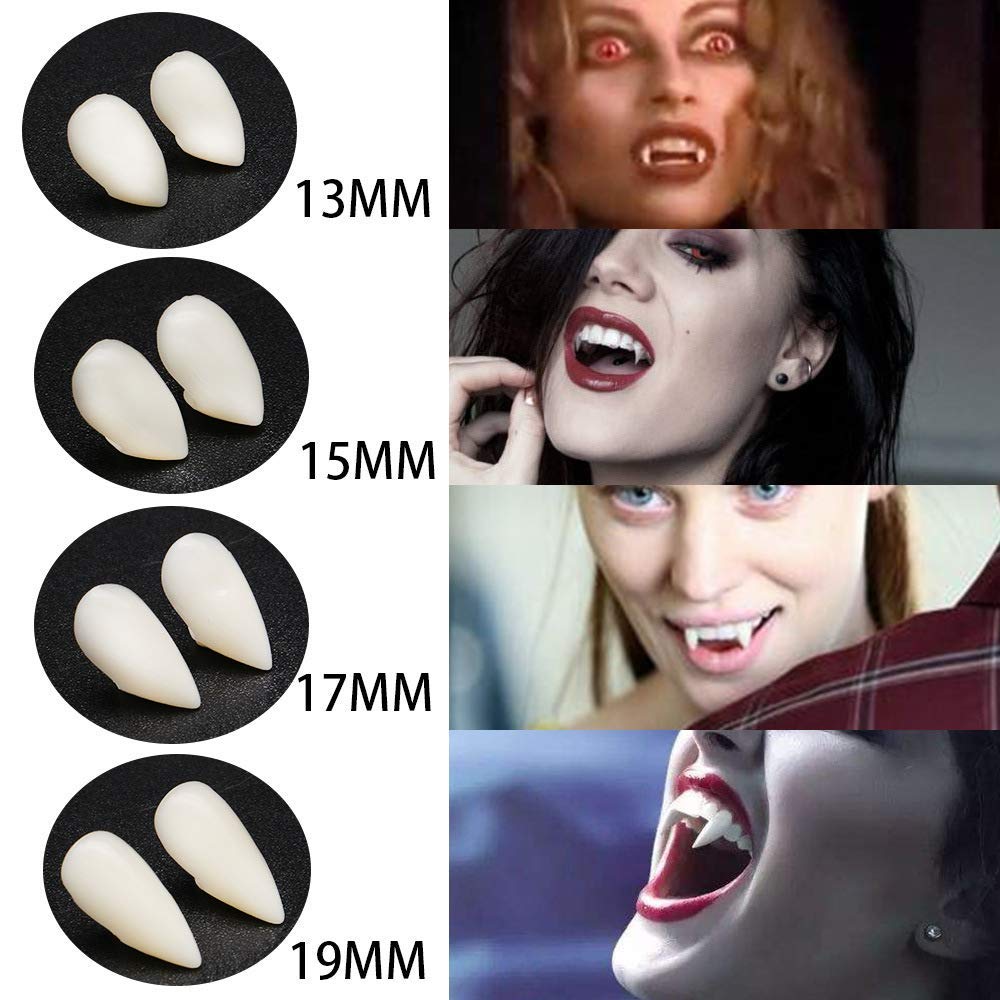 Vampire Fangs Teeth Set with Adhesive & Fake Blood - 4 Pairs in Different Sizes, Black Lipstick & Edible Blood for Halloween Costumes, Cosplay, Horror Parties and Theatrical Makeup