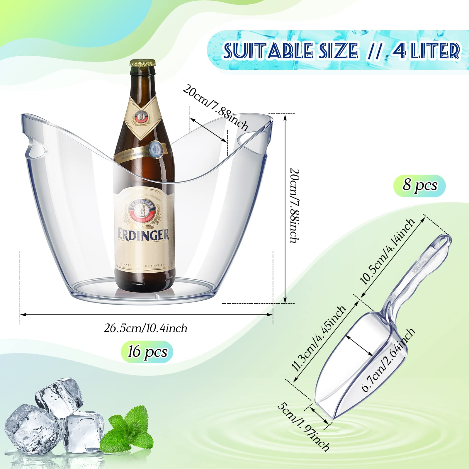 Clear Acrylic Ice Bucket with Scoop - 4L Plastic Wine Chiller Bin for Champagne, Beer & Beverages - Perfect for Parties, Weddings & Home Entertaining (24-Piece Set)