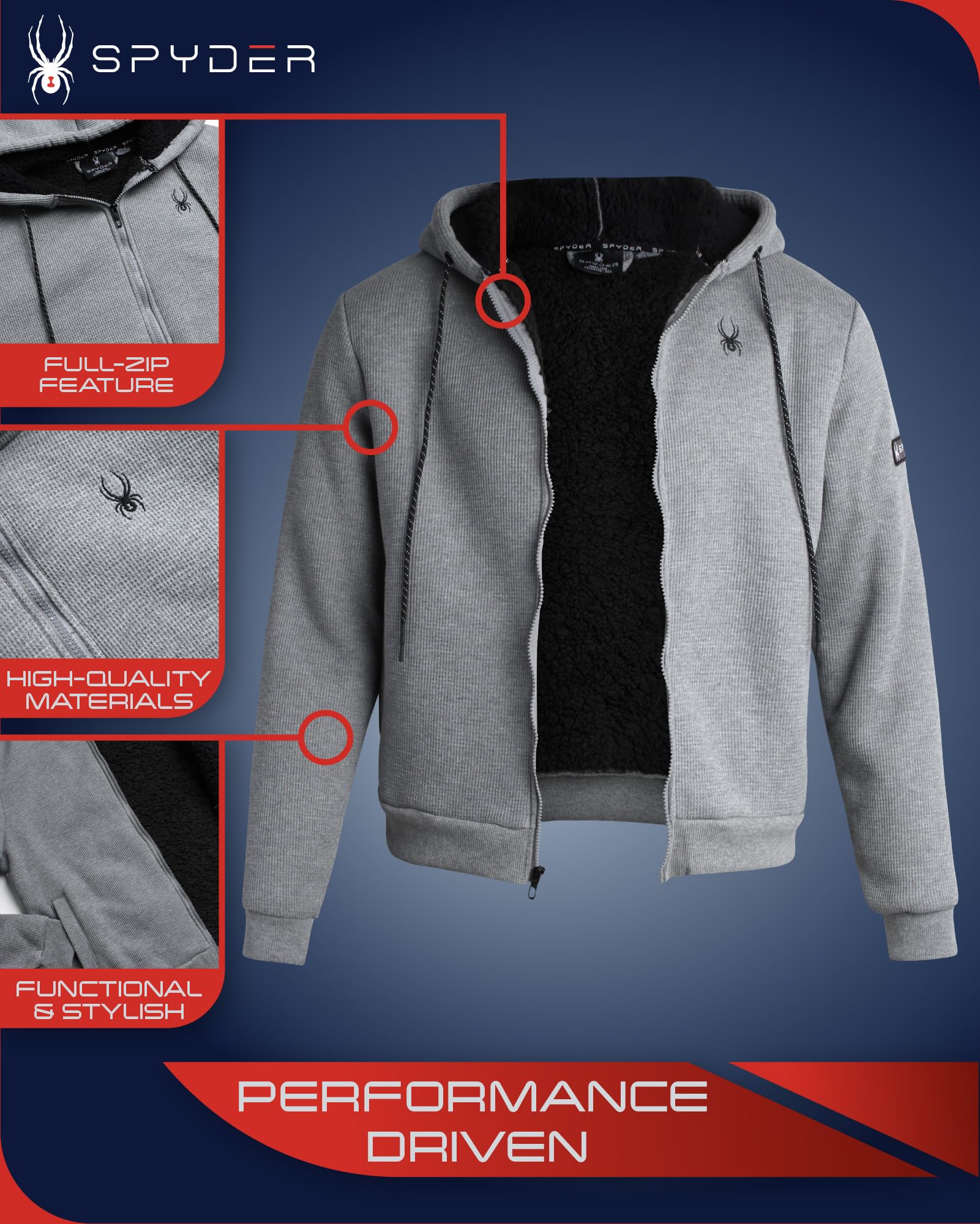 Spyder Men's Lightweight Full Zip Sherpa Lined Waffle Knit Hoodie Jacket - Cozy Fleece Lining, Comfortable Pullover (Sizes S-XXL) for Outdoor Activities, Casual Wear & Winter Layering
