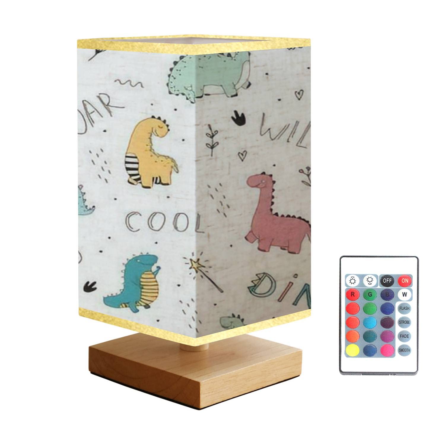 Dimmable Wooden Base Nightstand Lamp with Cute Colored Dinosaurs & Lettering - Flaxen Fabric Shade Bedside Table Lamp for Kids Room, Nursery, Bedroom & Living Room - Perfect Reading Light & Cozy Night Light for Children