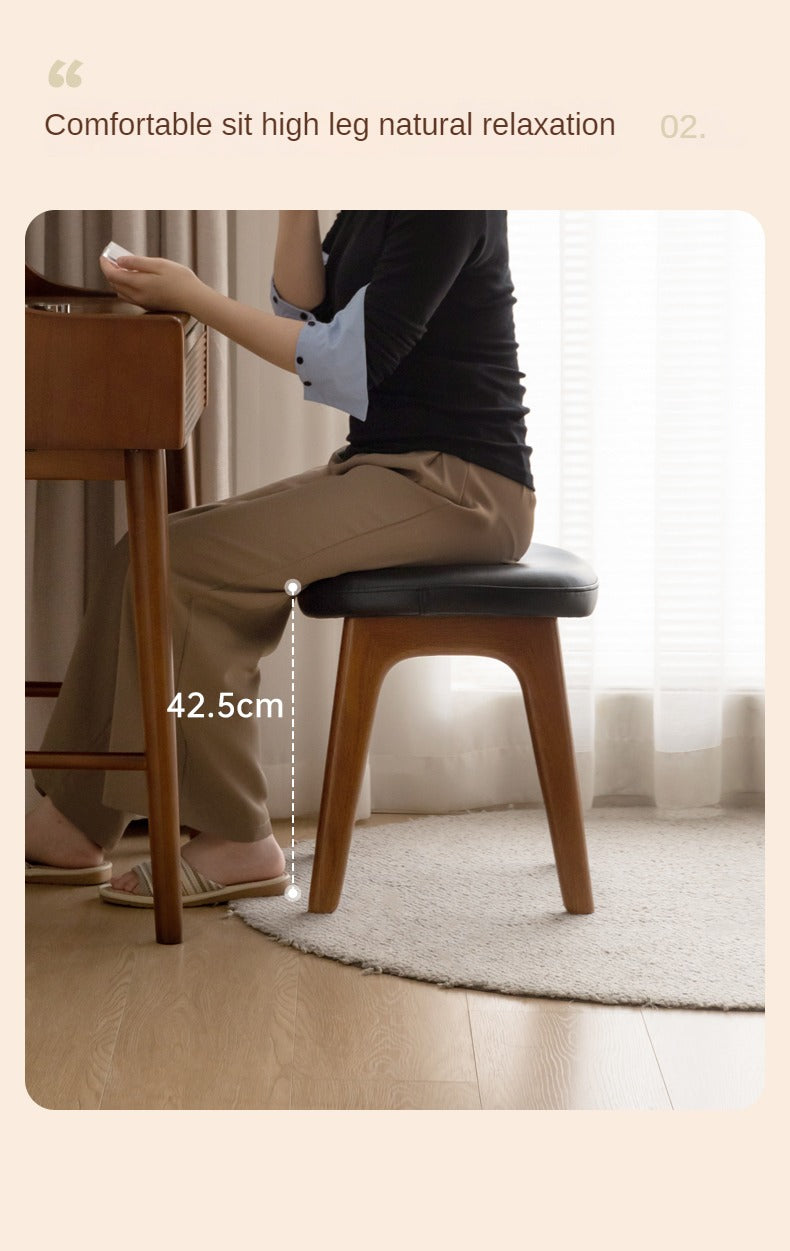 Premium Oak & Cherry Solid Wood Makeup Stool - Soft Cushioned Vanity Seat for Dressing Table, Bedroom, and Salon Use