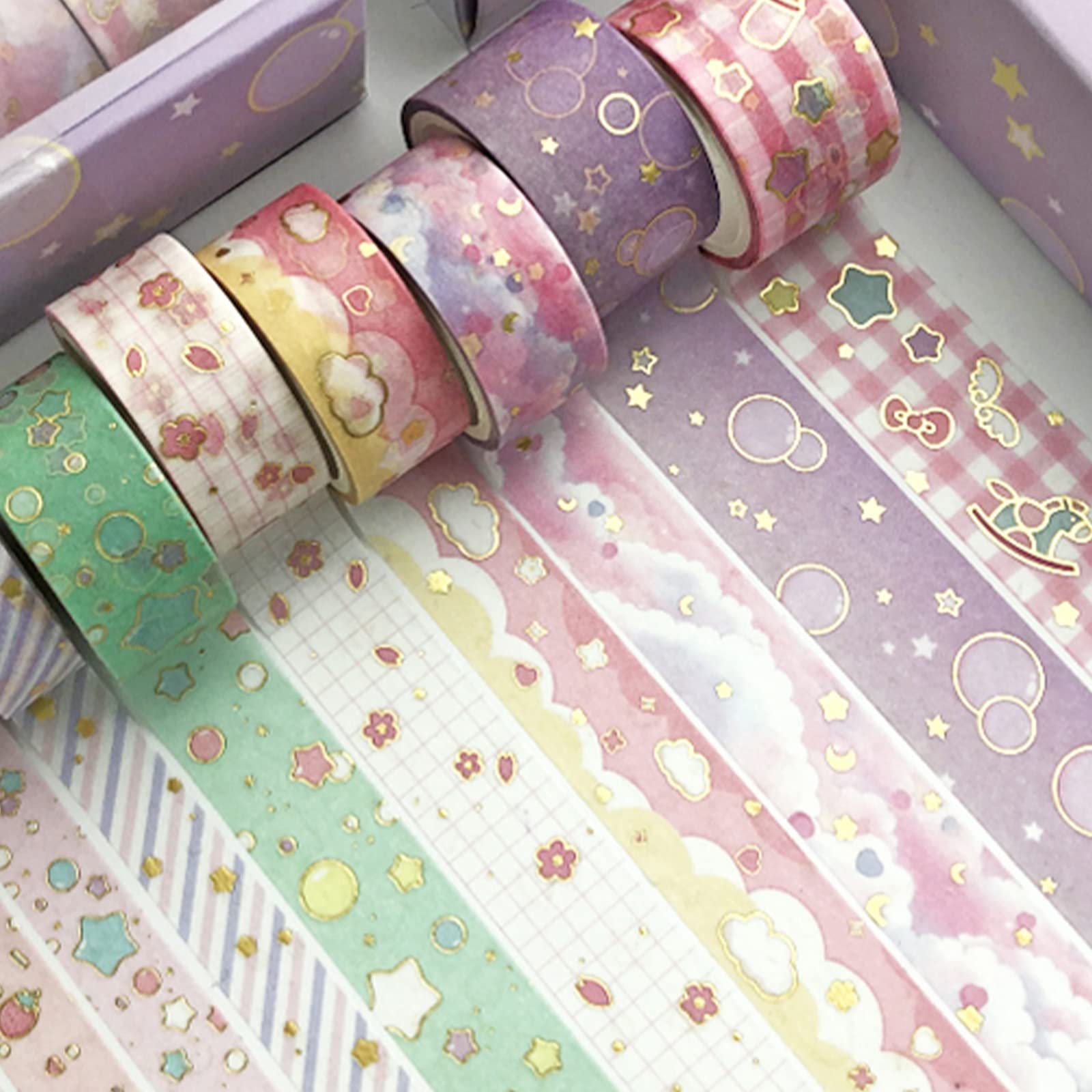 YUBX 10 Rolls Creative Washi Tape Set - Gold Foil Print Decorative Masking Tapes for DIY Crafts, Scrapbooking, Journaling, Planner Decor & Gift Wrapping | Perfect for Arts & Crafts, School Projects, Home Office Organization & Party Decorations (Cute Sweety Design)