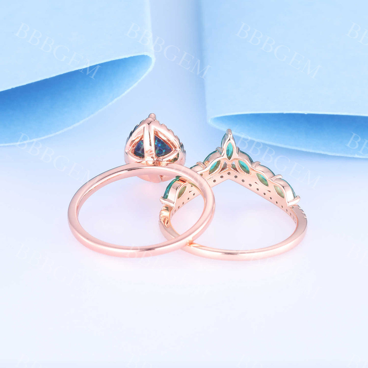 Blue Lab-Created Opal & Marquise Emerald Diamond Bridal Set in Rose Gold – Perfect for Weddings, Anniversaries & Special Occasions