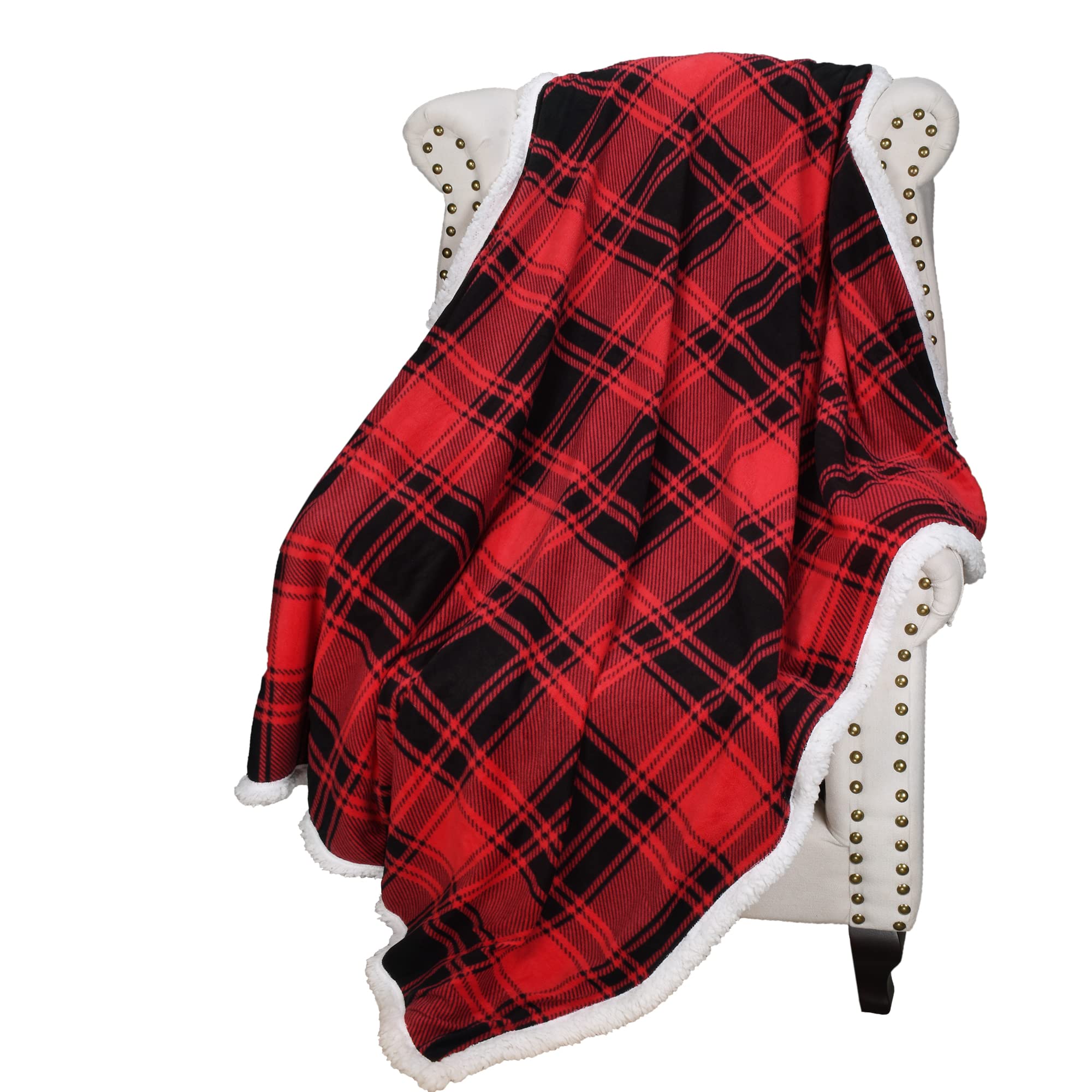 Catalonia Red Plaid Sherpa Throw Blanket - Ultra Soft & Warm Buffalo Check Fleece Blanket for Christmas, Winter, Couch & Cabin Decor - Cozy Home, Office & Travel Companion
