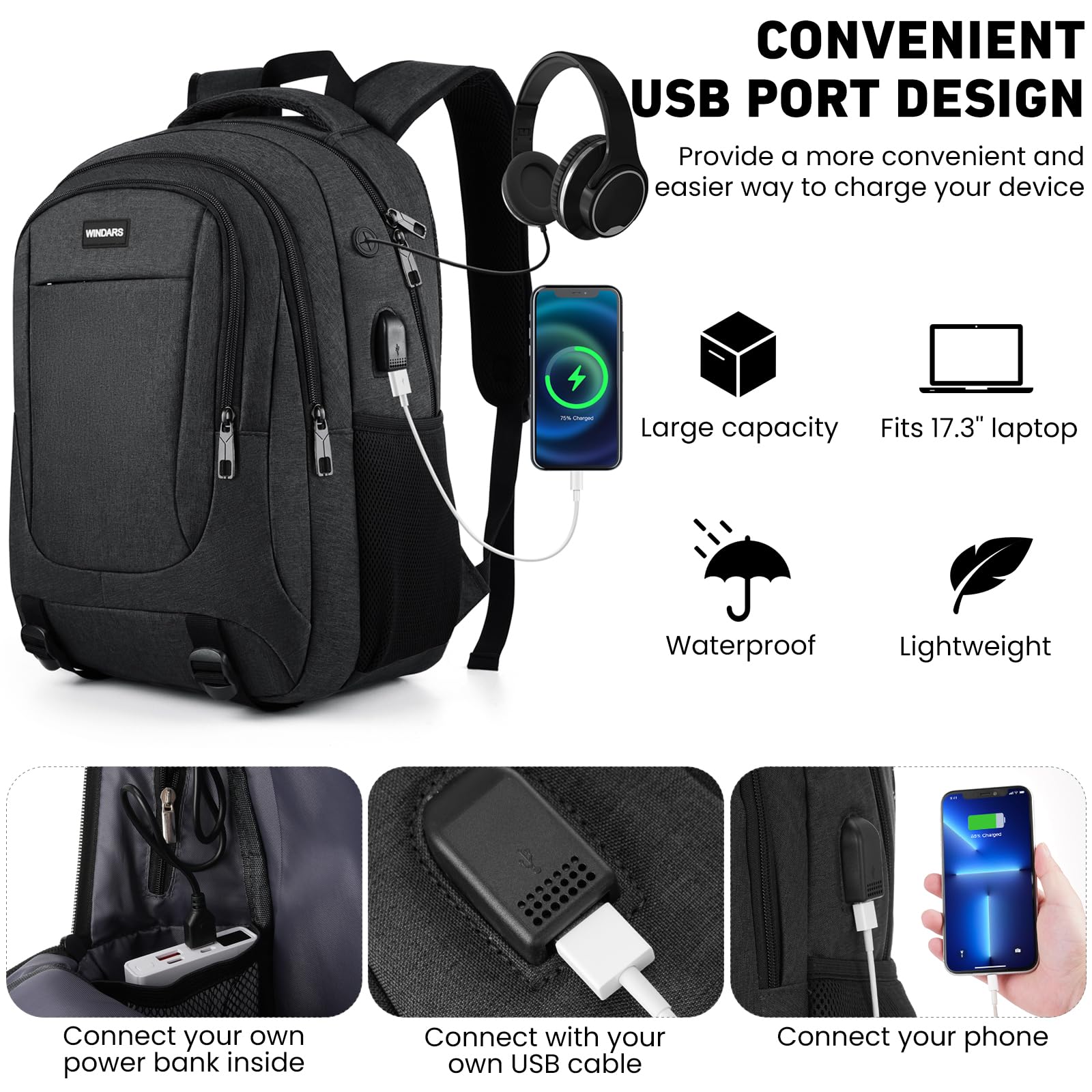 17.3 Inch Durable Laptop Backpack for Men & Women - USB Charging Port College Bookbag for Business, Work & Travel - Perfect for Students, Professionals & Commuters (Black)