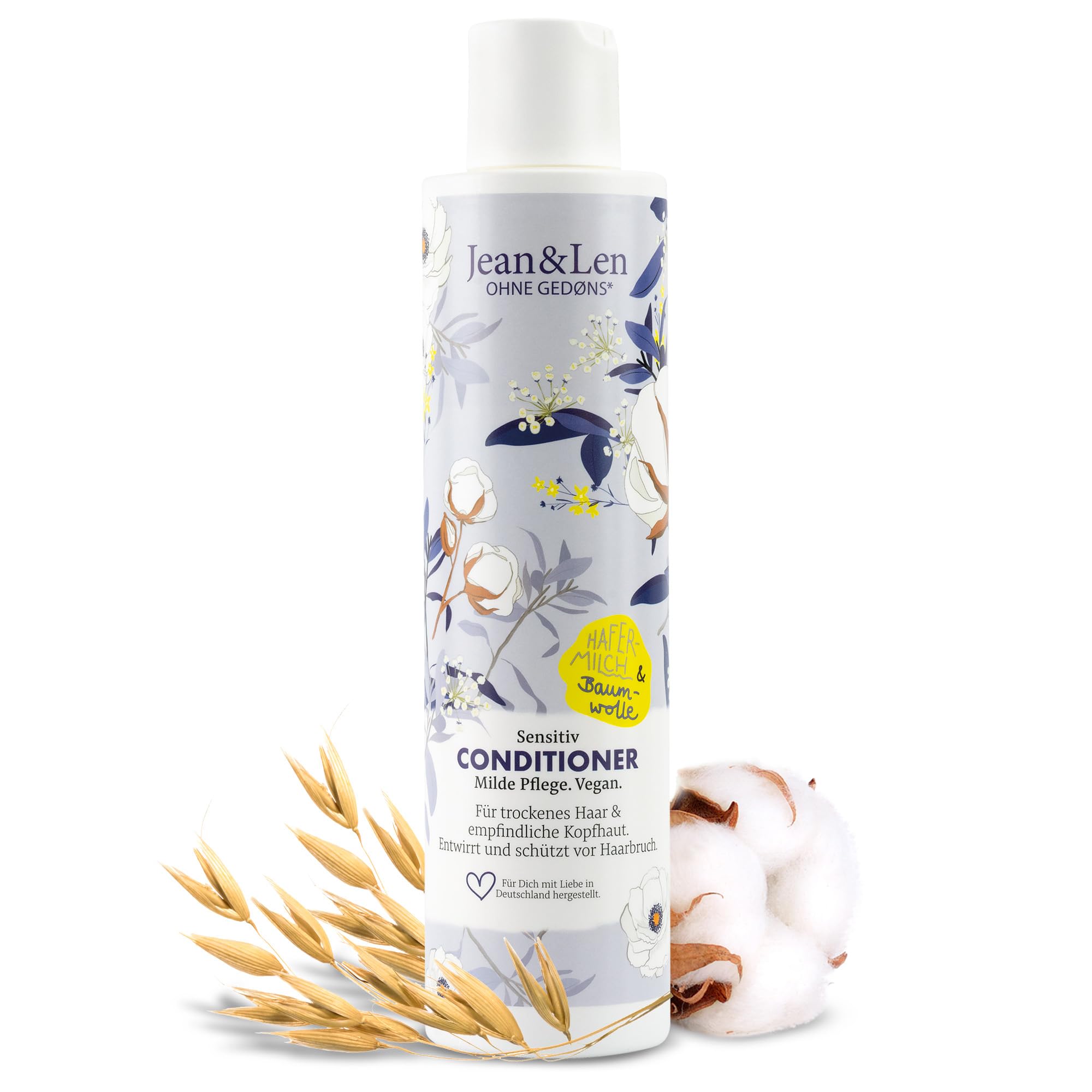Jean & Len Sensitive Oat Milk & Cotton Conditioner for Dry Hair & Scalp - Silicone Free, Paraben Free, Vegan Hair Care (300ml) - Gentle Moisturizing for Daily Use & Sensitive Skin Relief