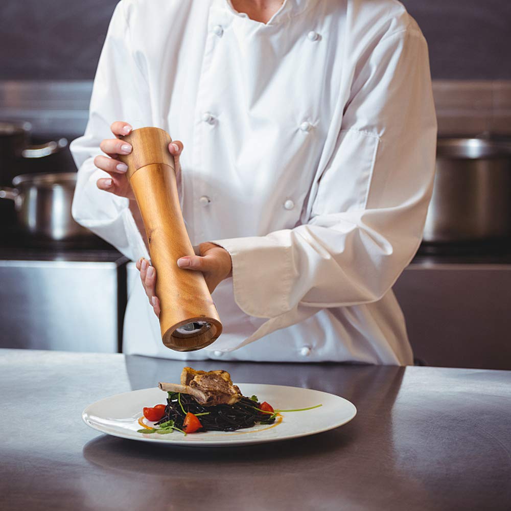 Premium Acacia Wood Salt and Pepper Grinder Set - Adjustable Manual Mill with Ceramic Core - 8 Inch Kitchen Essential for Home, Restaurants, BBQ, Picnics & Dinner Parties - Perfect for Gourmet Cooking & Gift Giving