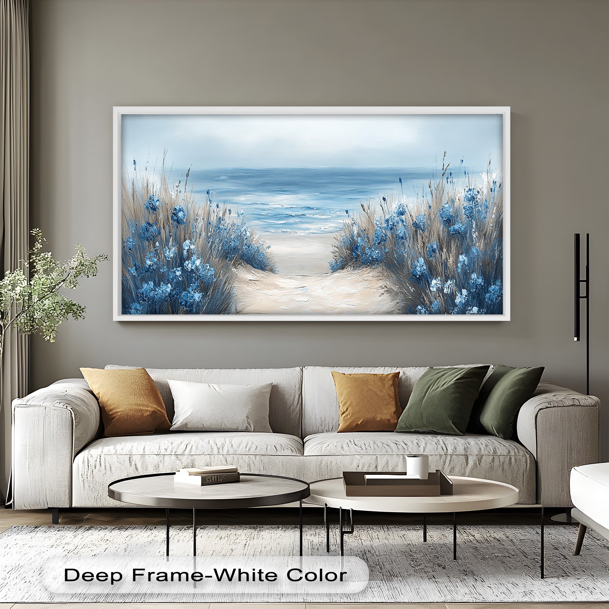 Blue Floral Beach Landscape Realism Oil Painting - Handmade Canvas Wall Art for Living Room, Bedroom & Office Decor