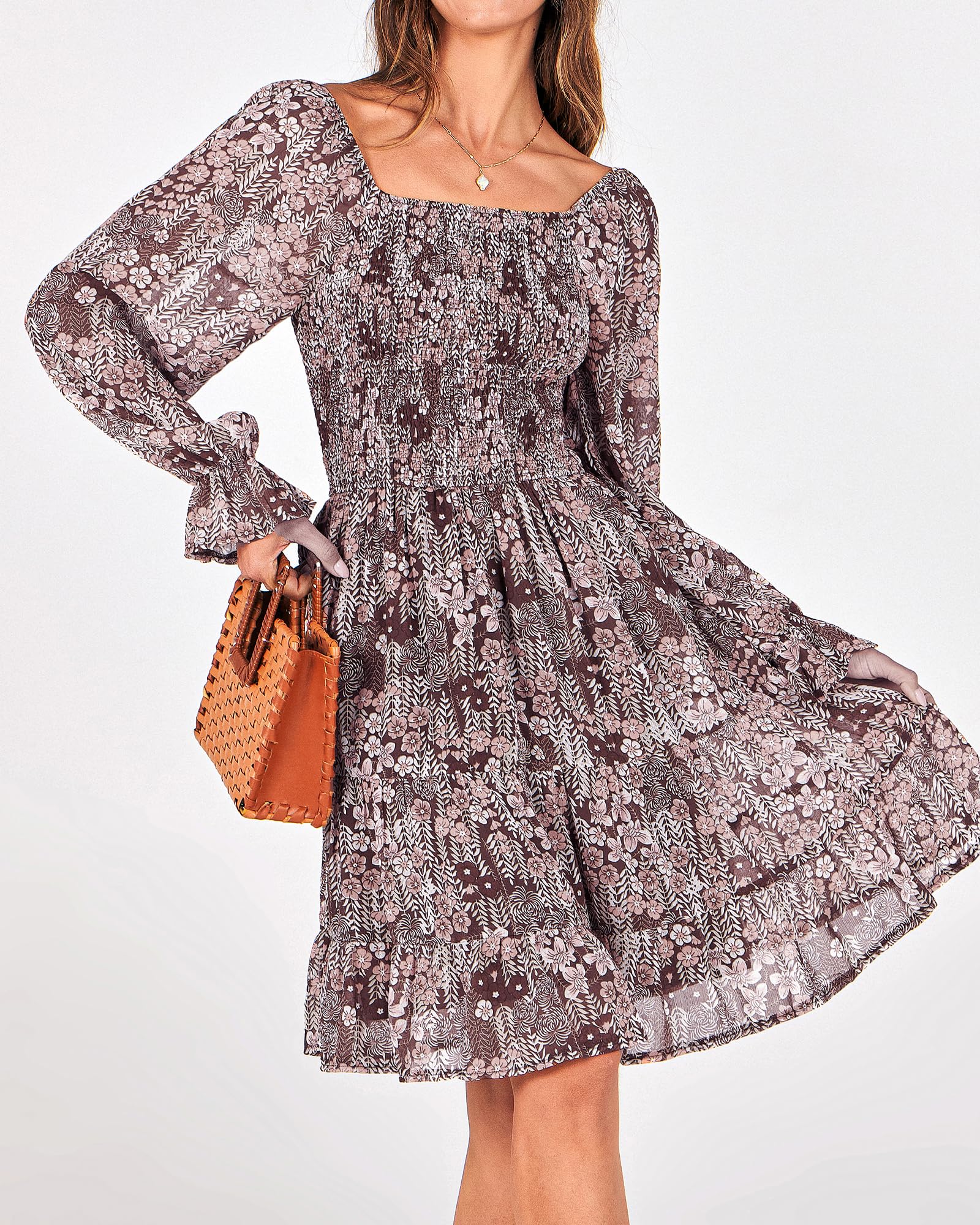 BTFBM Women's Floral Swiss Dot Boho Dress - Square Neck Smocked Mini Dress with Long Sleeves for Spring & Summer 2025 | Perfect for Wedding Guest, Garden Party & Casual Outings