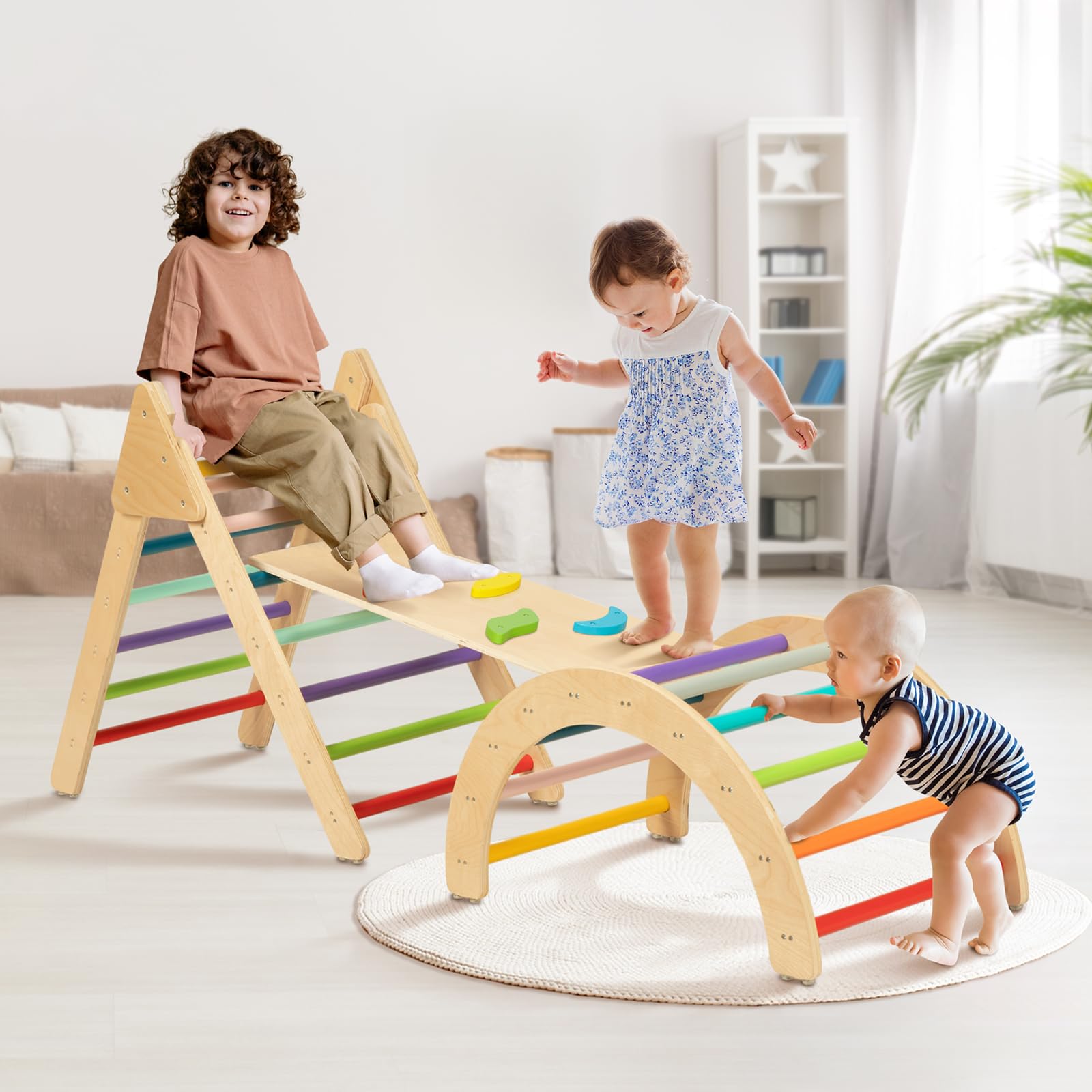 TOOKYLAND 3-in-1 Rainbow Climbing Toy Set for Toddlers - Sturdy Wooden Indoor Play Gym, Montessori Climbing Triangle with Ramp & Rocker - Safe Toddler Play Equipment for Home, Daycare & Preschool