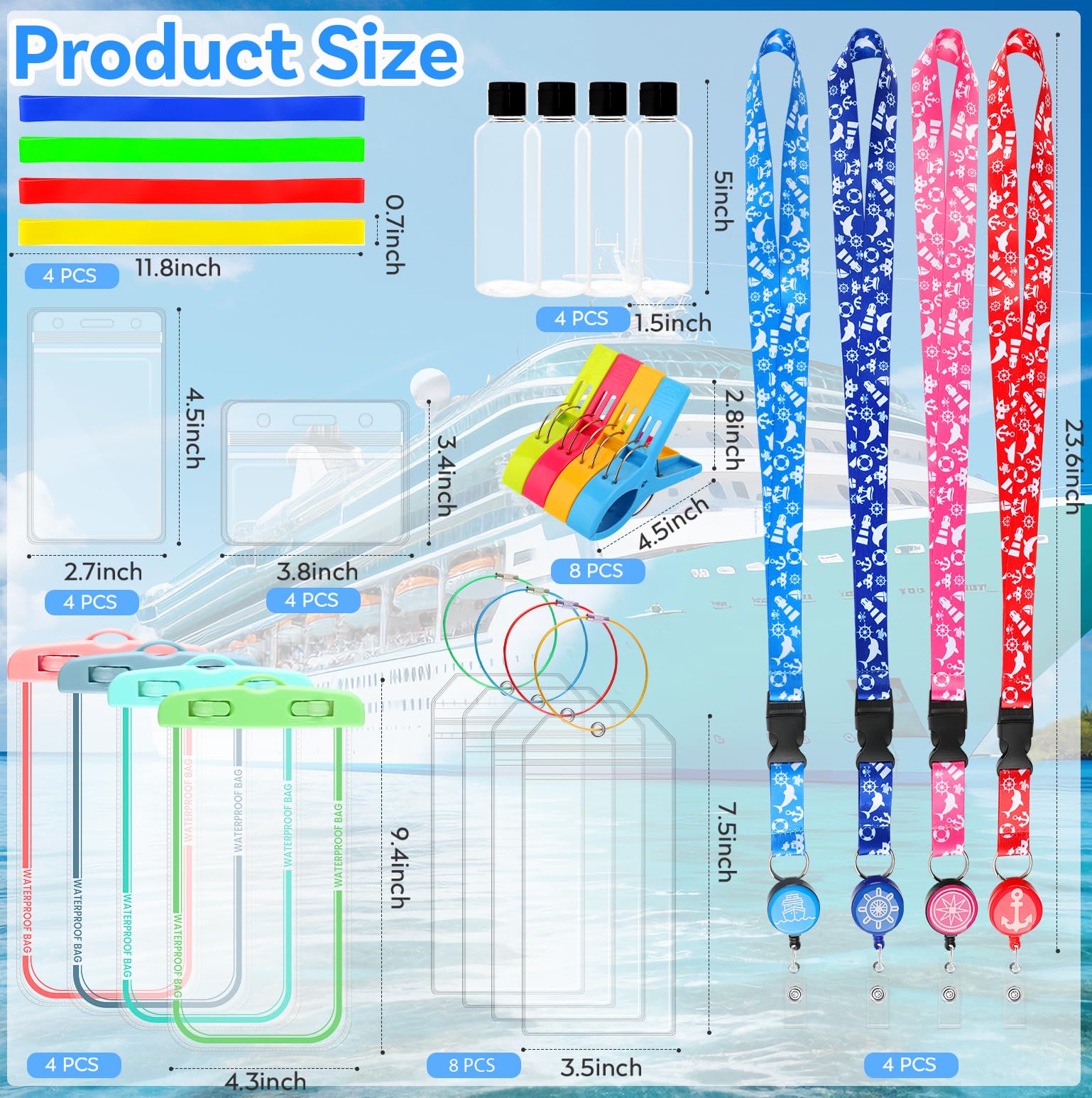 55-Piece Cruise Essentials Set - Lanyards, Waterproof Pouch & Travel Bottles for Cruise Vacations