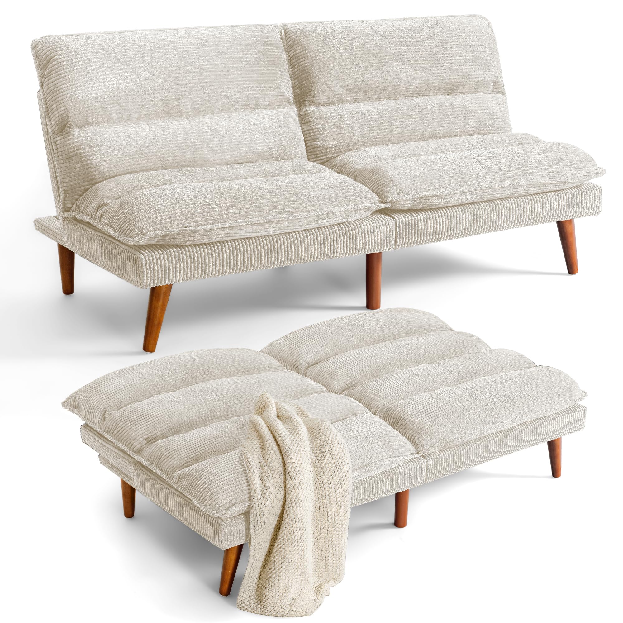 Flamaker Convertible Futon Sofa Bed - Adjustable Back Upholstered Sleeper Couch for Living Room, Guest Room & Small Spaces - Corduroy Fabric in Beige - Perfect for Apartments, Dorms & Home Offices