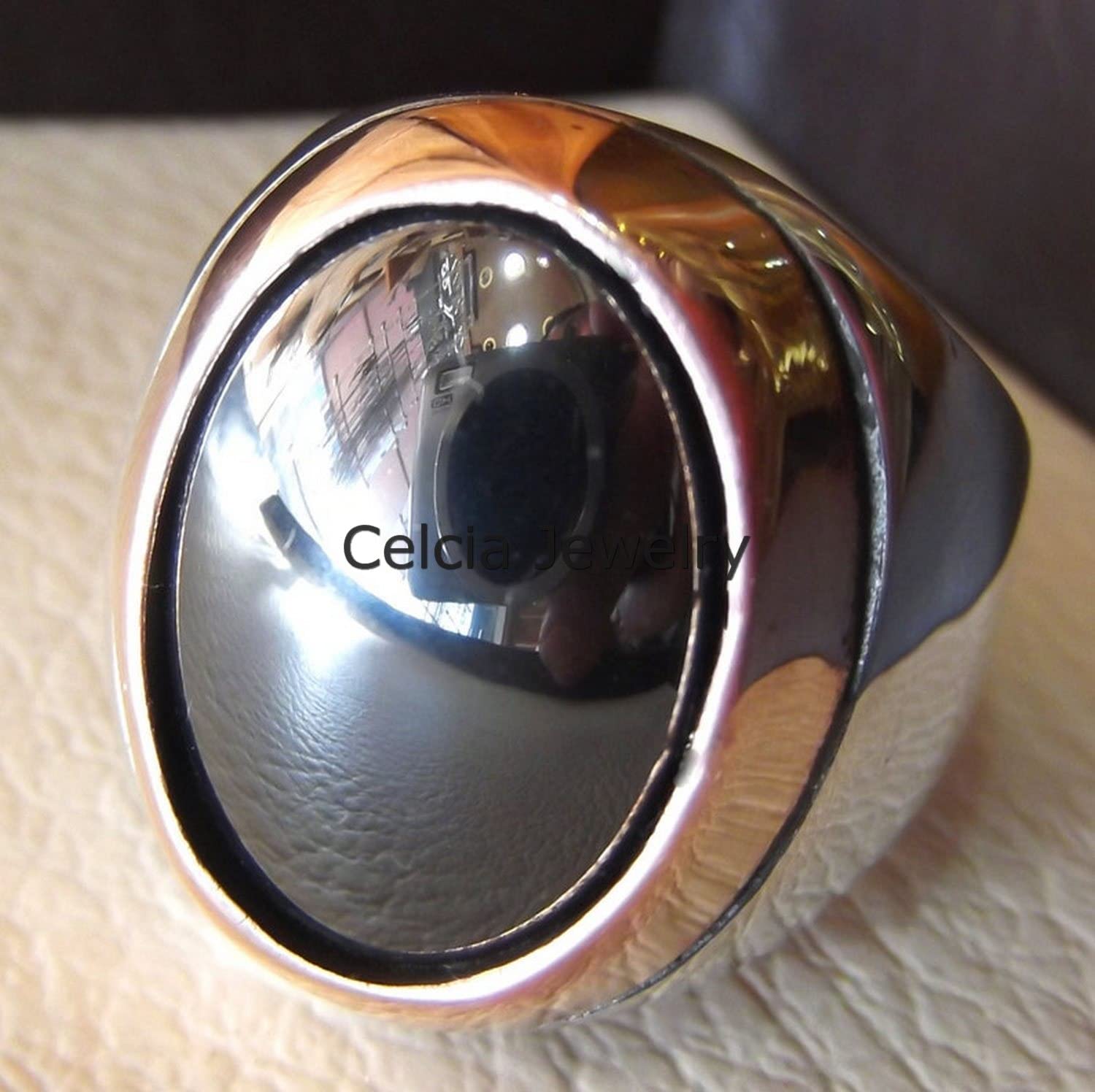 **Genuine Hematite Gemstone Oval Ring for Men - 925 Sterling Silver Handmade Signet Statement Ring - Two-Tone Western Jewelry (Size 7) - Perfect for Gifts, Weddings & Casual Wear**