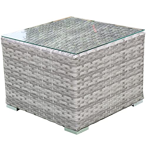 Teva Furniture Light Gray Miami Wicker Rattan End Table with Glass Top - Perfect for Living Room, Patio, or Bedroom Accent Table