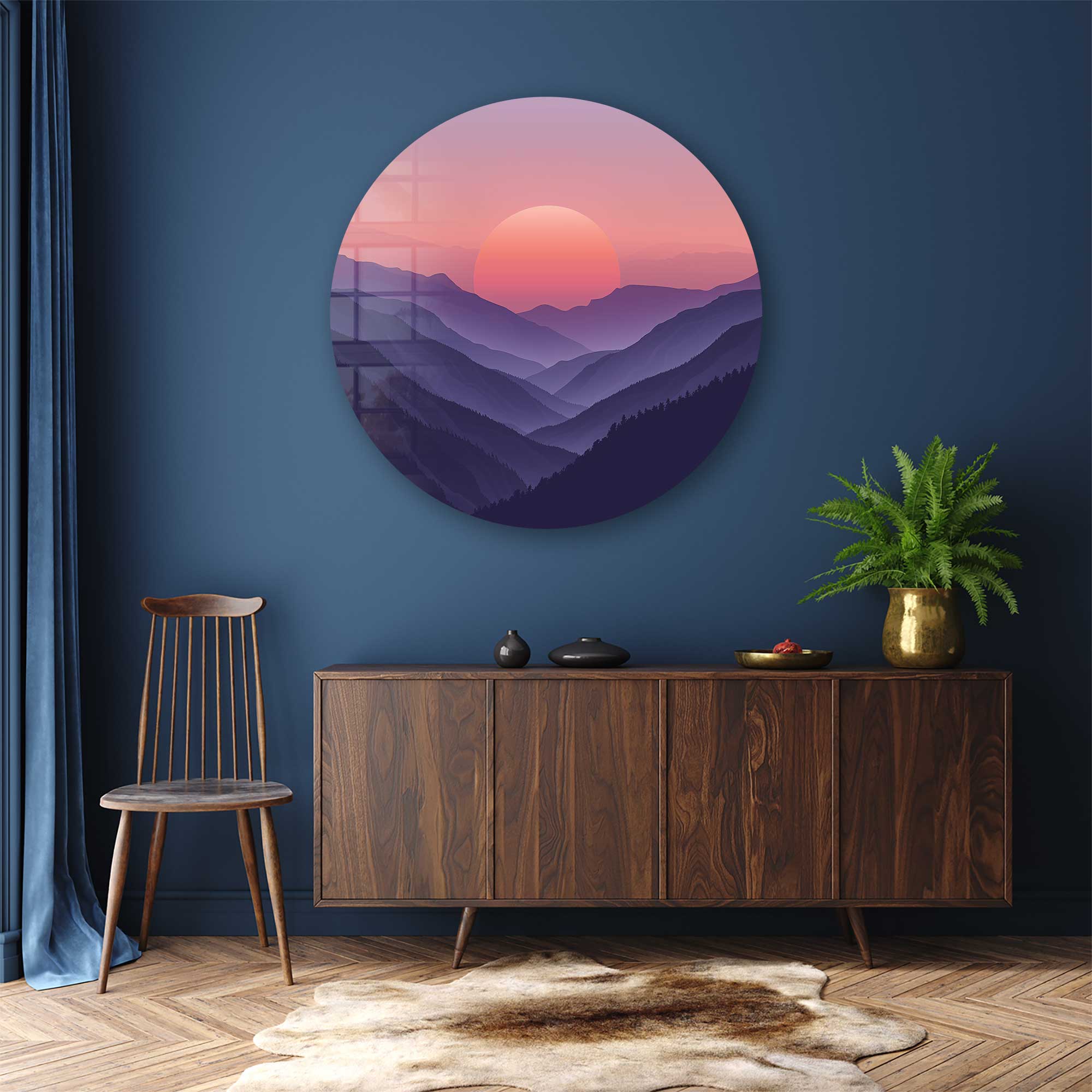 Sunset Beyond the Mountains Round Glass Wall Art - Elegant Home Decor for Living Room, Bedroom & Office