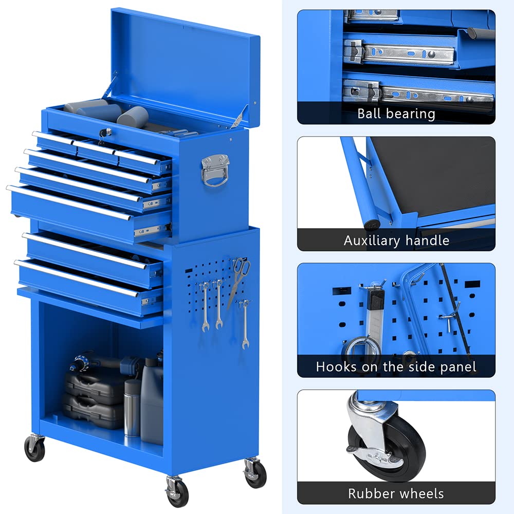 8-Drawer High Capacity Rolling Tool Chest with Lockable Wheels - Heavy Duty Tool Storage Cabinet & Portable Tool Organizer for Garage, Factory, Workshop (Blue) | Perfect for Mechanics, DIY Enthusiasts & Professional Tradesmen