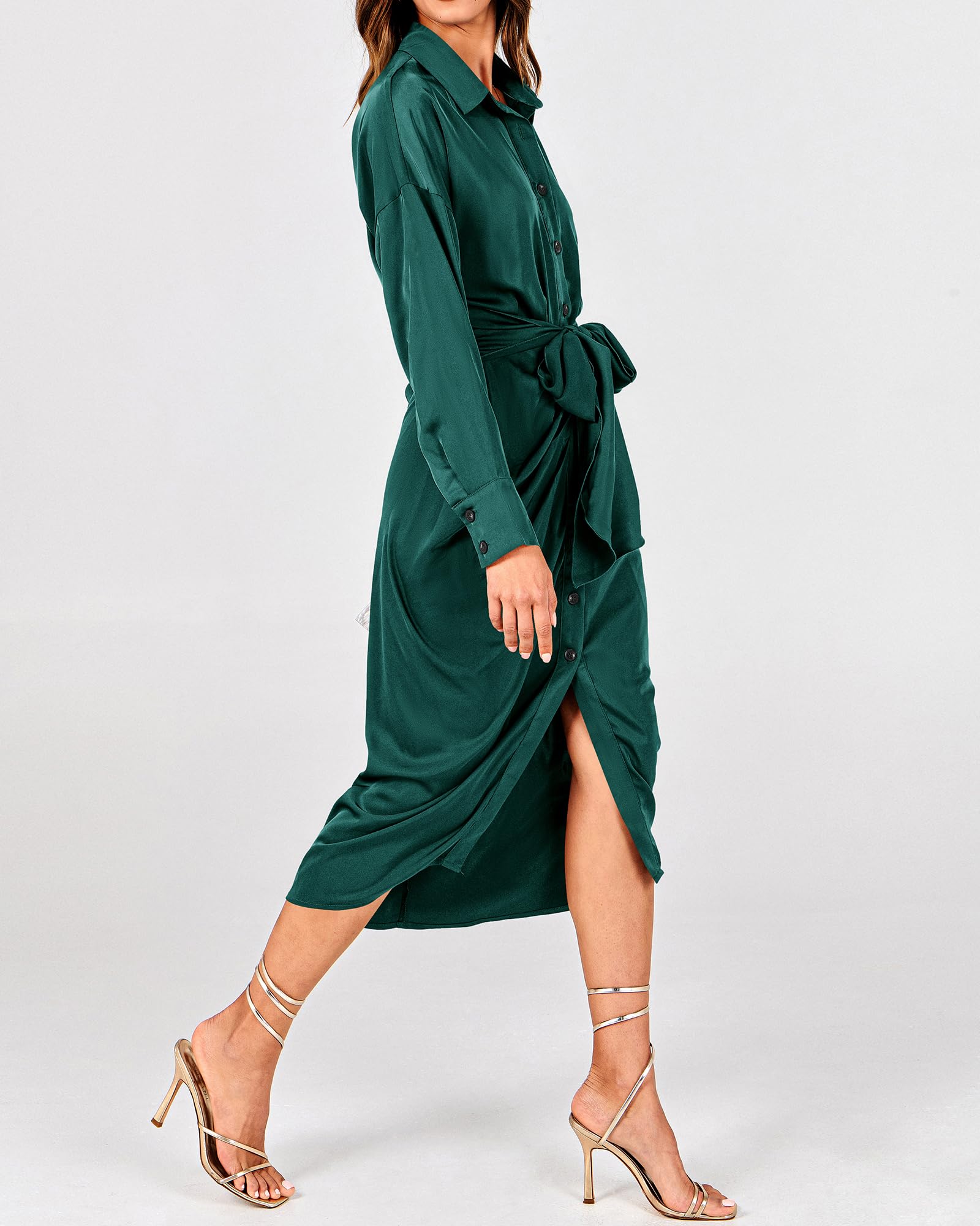 BTFBM Women's Long Sleeve Satin Dress - Elegant V Neck Button Down Maxi Dress with Belt & Ruched Detail for Spring Summer 2025 | Perfect for Weddings, Parties & Office Wear