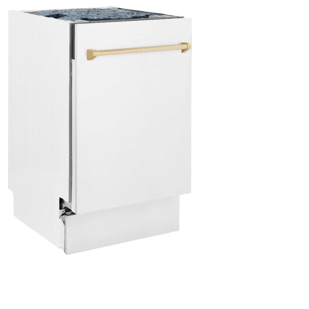 ZLINE Autograph Edition 18-Inch Compact Dishwasher with 3rd Rack - White Matte Finish & Polished Gold Handle, Ultra Quiet 51dBa (DWVZ WM 18 G) - Perfect for Small Kitchens, Apartments, and RV Living